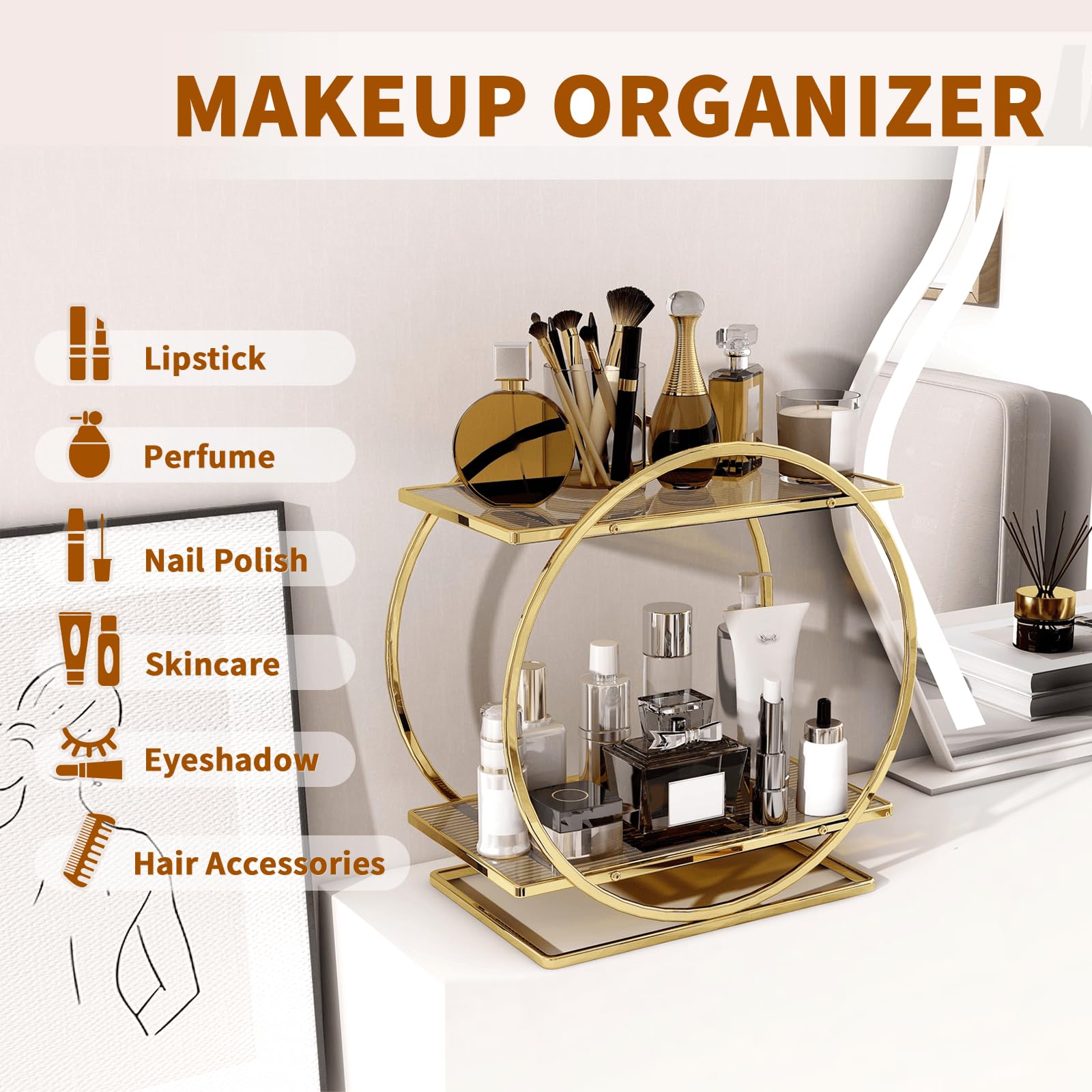 2-Tier Makeup Organizer - Modern Elegant Black & Gold Countertop Perfume & Cosmetics Display Shelf