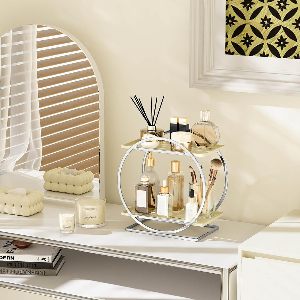 2-Tier Makeup Organizer - Modern Elegant Black & Gold Countertop Perfume & Cosmetics Display Shelf