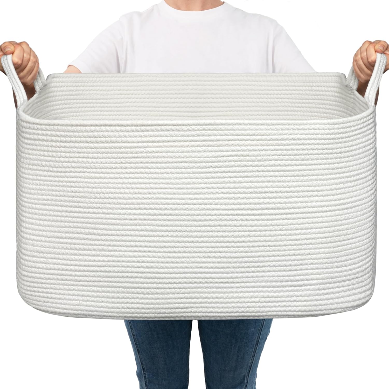 Goodpick Woven Basket for Storage 65L, Blanket Basket for Living Room Home Décor,Rectangle Rope Laundry Basket with Handles Large Toy Storage Basket for Baby, Kids, 21.6" x 14.9" x 11.8"