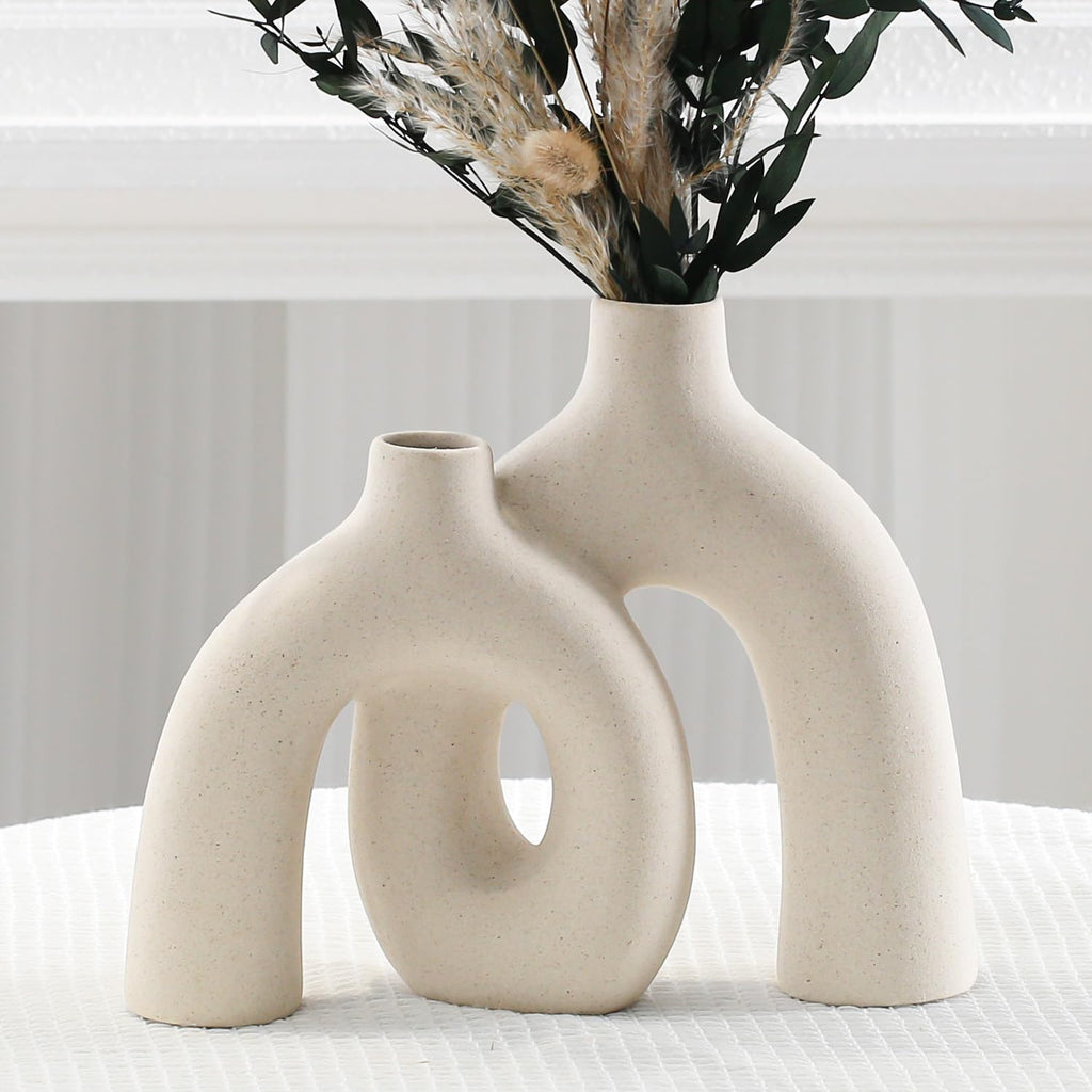 Ceramic Vase, Nordic Modern Boho in Style Decorative Ceramic Aesthetic Flower Vase for Home Decor (Beige)