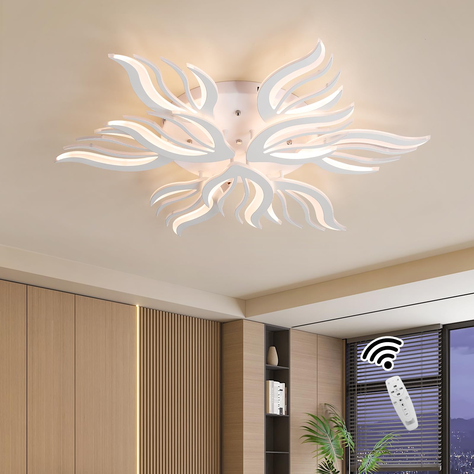 Becailyer Modern Flower Ceiling Light, 29.5" Flush Mount Ceiling Lamp, 50W Dimmable LED Ceiling Lighting Fixtures, 5-Petals Acrylic Close to Ceiling Light for Living Room Bedroom Dining Room, White