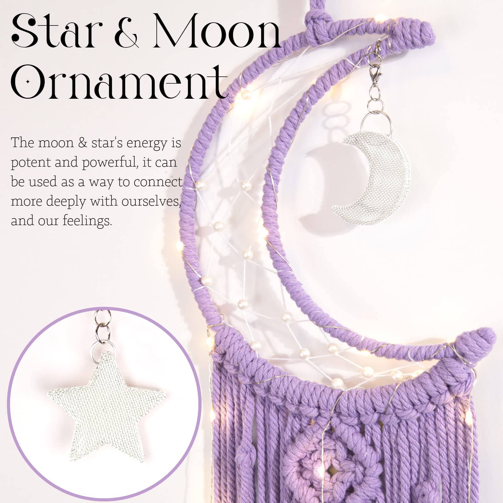 Boho Macrame Woven Wall Hanging, Crochet Crescent Moon Star Dream Catcher with Long Tassel- White Cotton Cord Handmade Bohemian Home Decor Ornament Decoration Art Craft Gift for Kids Bedroom (White)