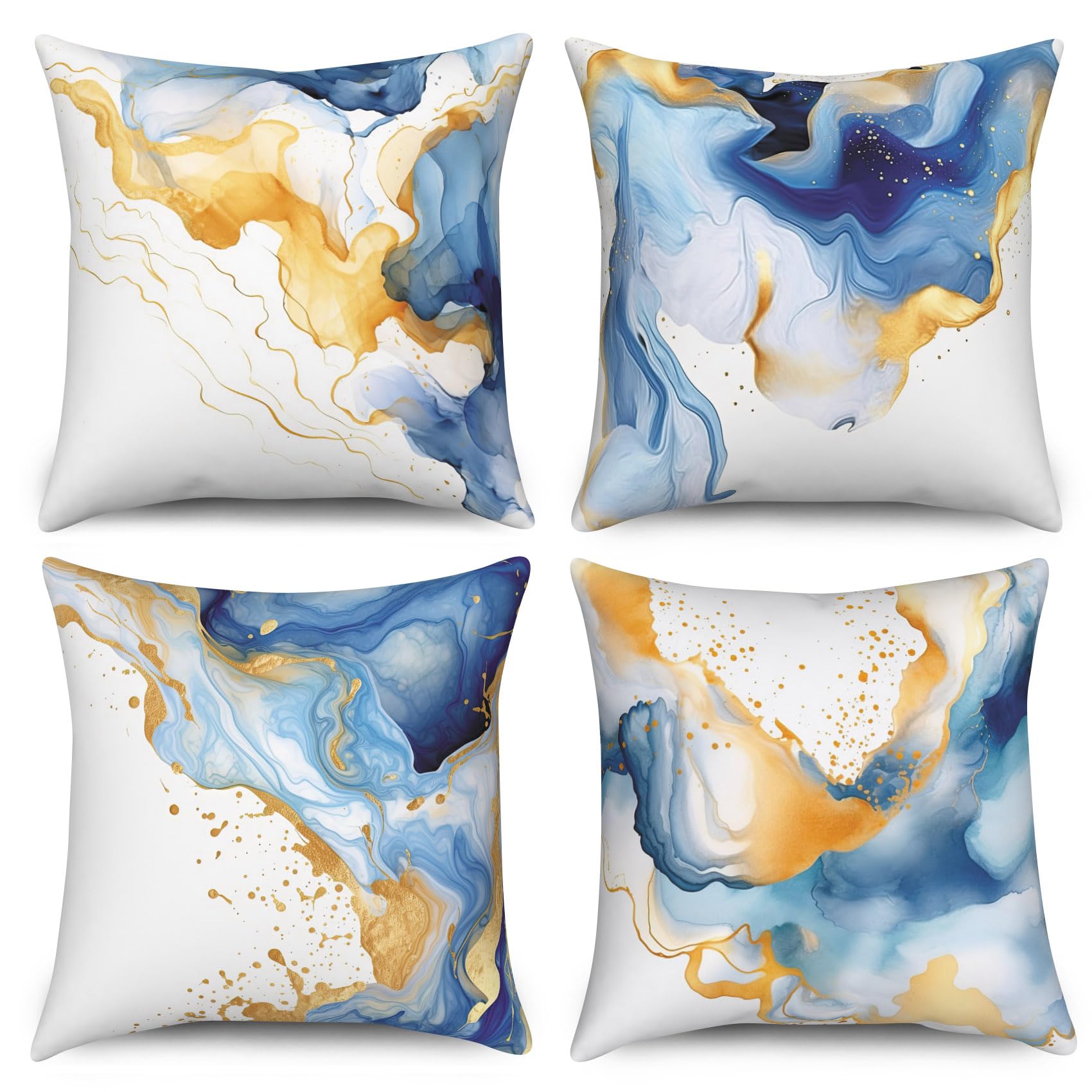 ChloropLastid Blue Gold Marble Throw Pillow Covers 18x18 inch Abstract Marble Texture Luxury Decorative Pillowcase Modern Velvet Square Cushion Cover for Home Sofa Decor Set of 4