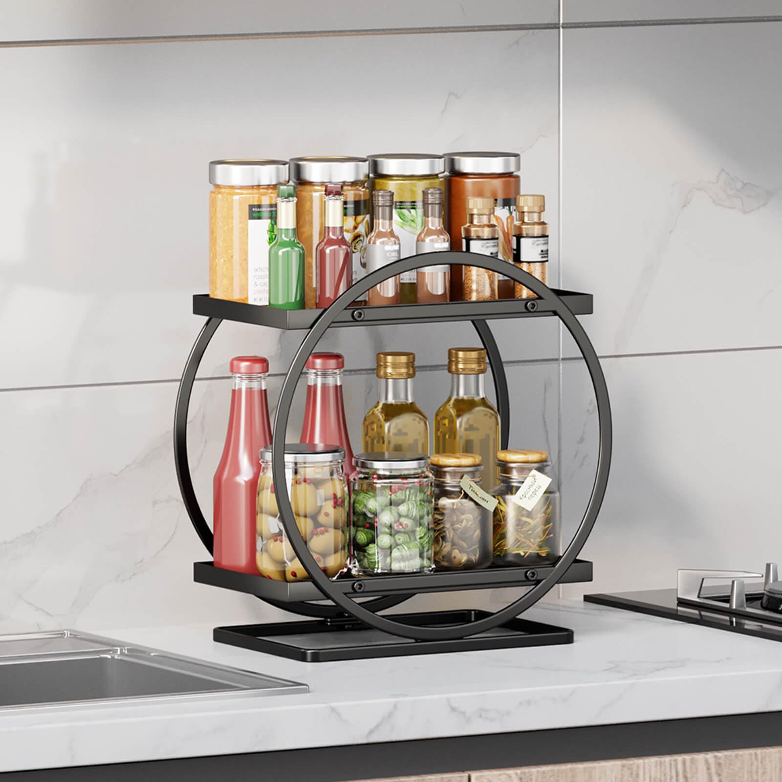 2-Tier Makeup Organizer - Modern Elegant Black & Gold Countertop Perfume & Cosmetics Display Shelf