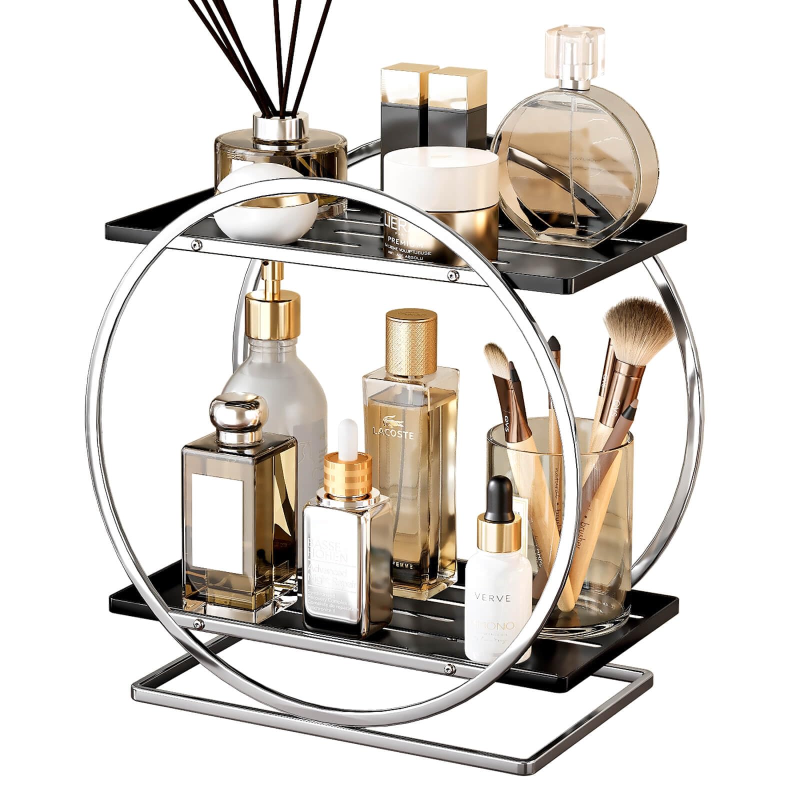 2-Tier Makeup Organizer - Modern Elegant Black & Gold Countertop Perfume & Cosmetics Display Shelf