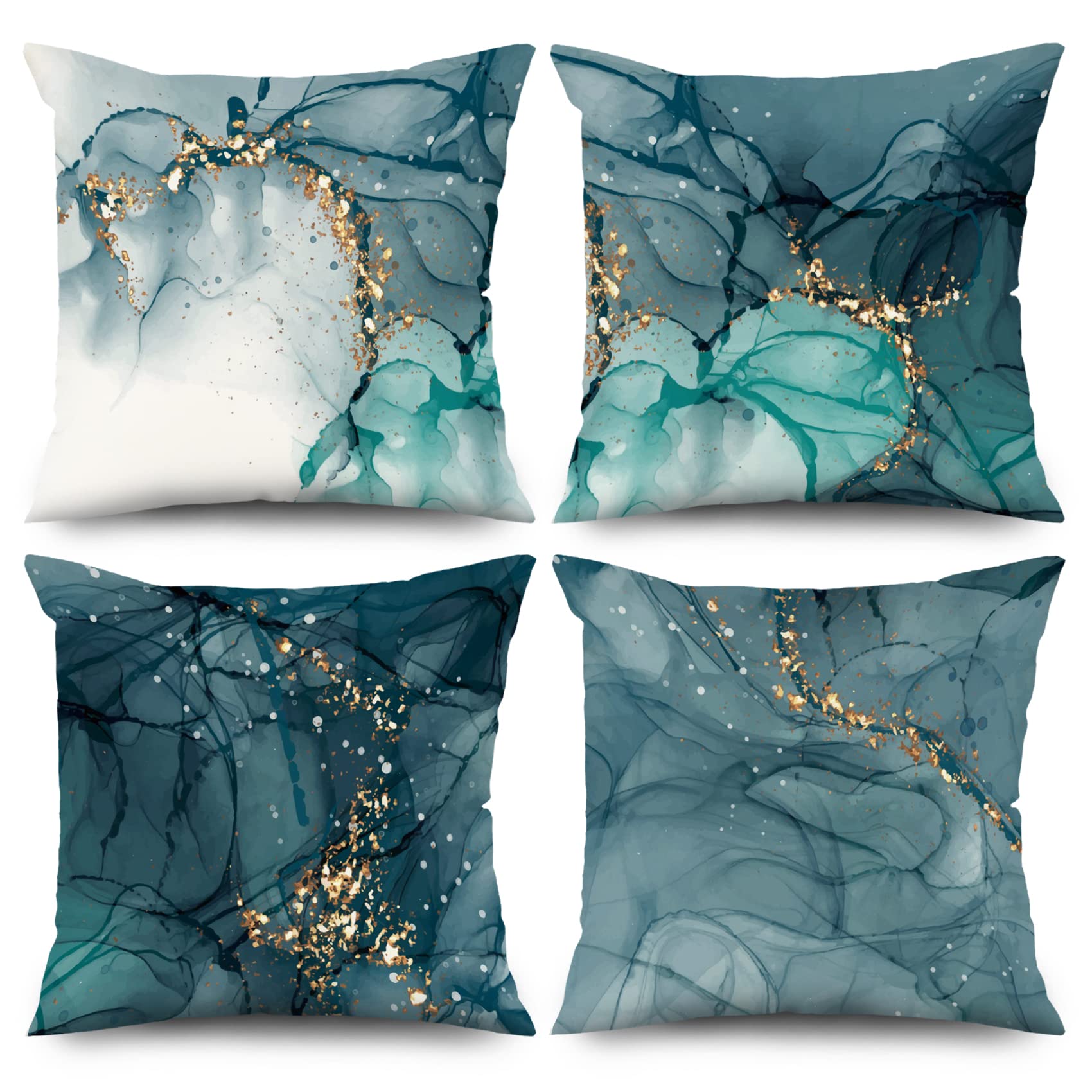 ChloropLastid Blue Gold Marble Throw Pillow Covers 18x18 inch Abstract Marble Texture Luxury Decorative Pillowcase Modern Velvet Square Cushion Cover for Home Sofa Decor Set of 4