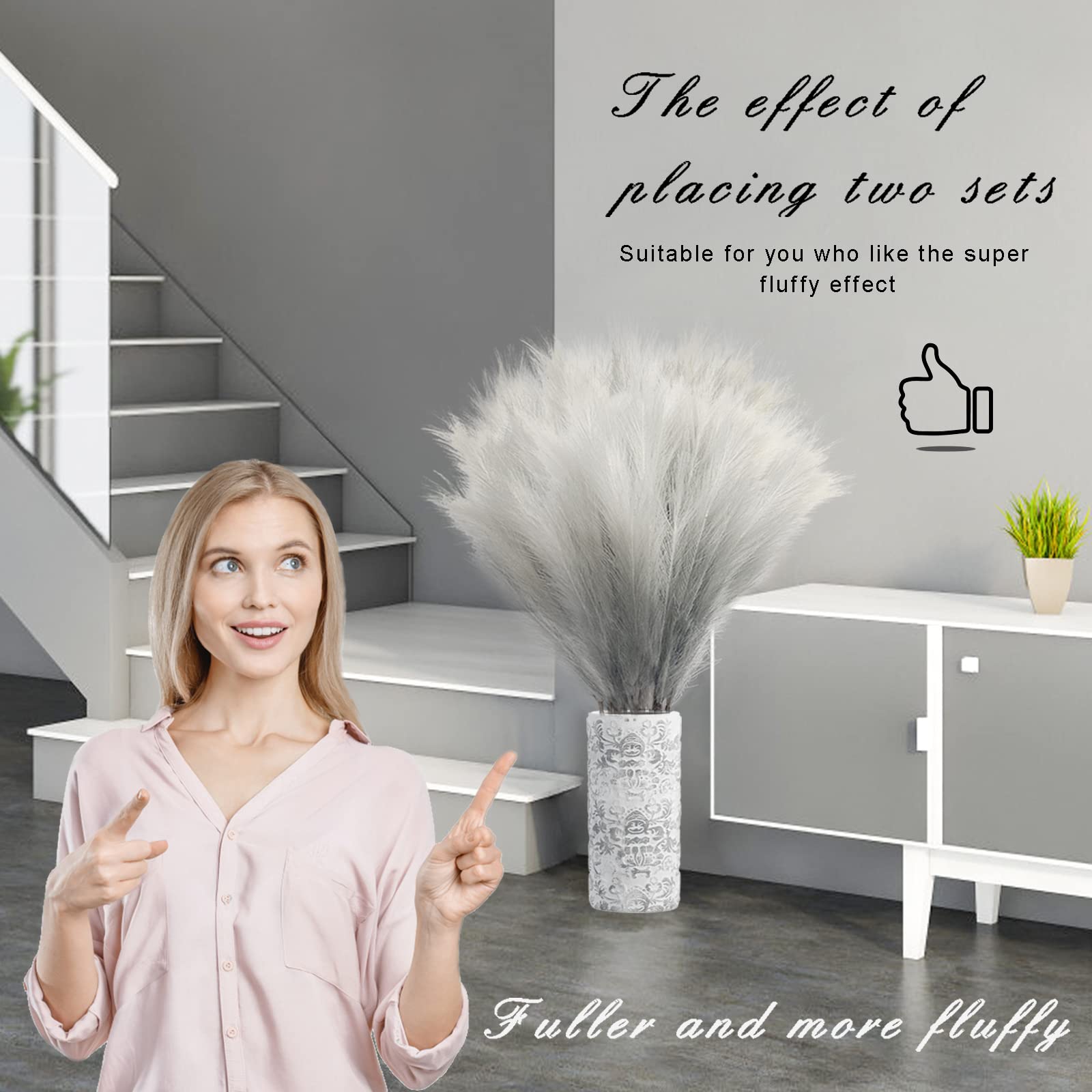 8Pcs 3FT Grey Colorful Faux Pampas Grass for Boho Decor, KALYLOC Non-Shedding Fluffy Artificial Bulrush, Tall Reed Fluffy Stems Vase Filler Living Room Wedding Decoration