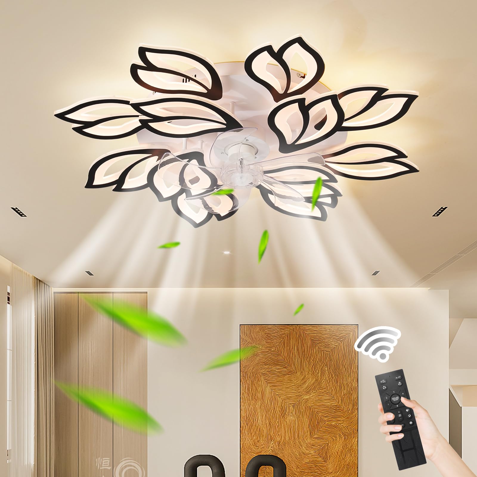 Becailyer 31.4" Modern Ceiling Fan with Lights, LED Flush Mount Ceiling Fans with Remote Control, Dimmable Reversible 3 Colors 6 Speeds, Low Profile 12-Leaves Ceiling Fan for Living Room, Black