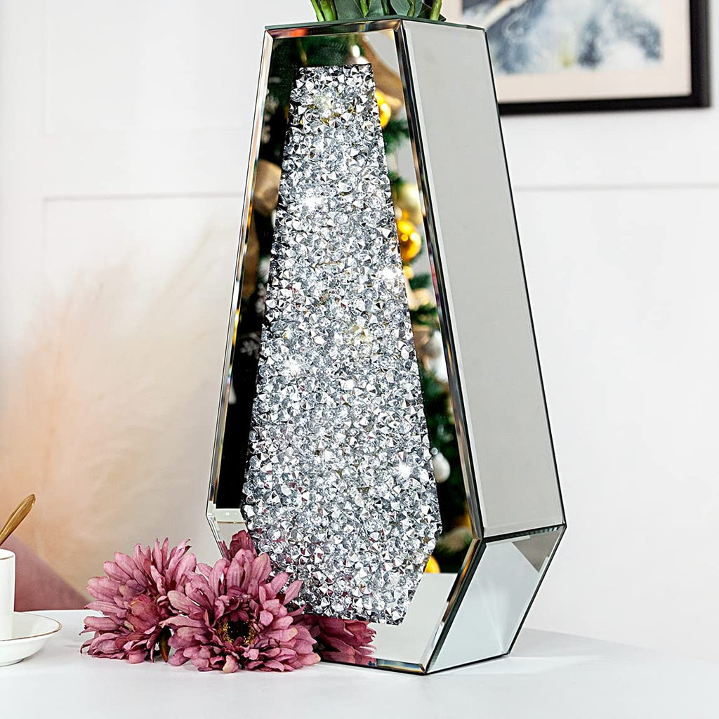 SHYFOY Crushed Diamond Flower Vases Decorative Large Clear Glass Mirrored Vase Black Crystal Vase for Home Decor Can Not Hold Water,36.5H cm