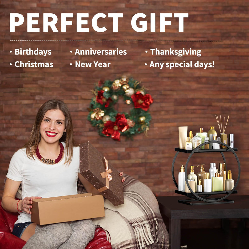 2-Tier Makeup Organizer - Modern Elegant Black & Gold Countertop Perfume & Cosmetics Display Shelf