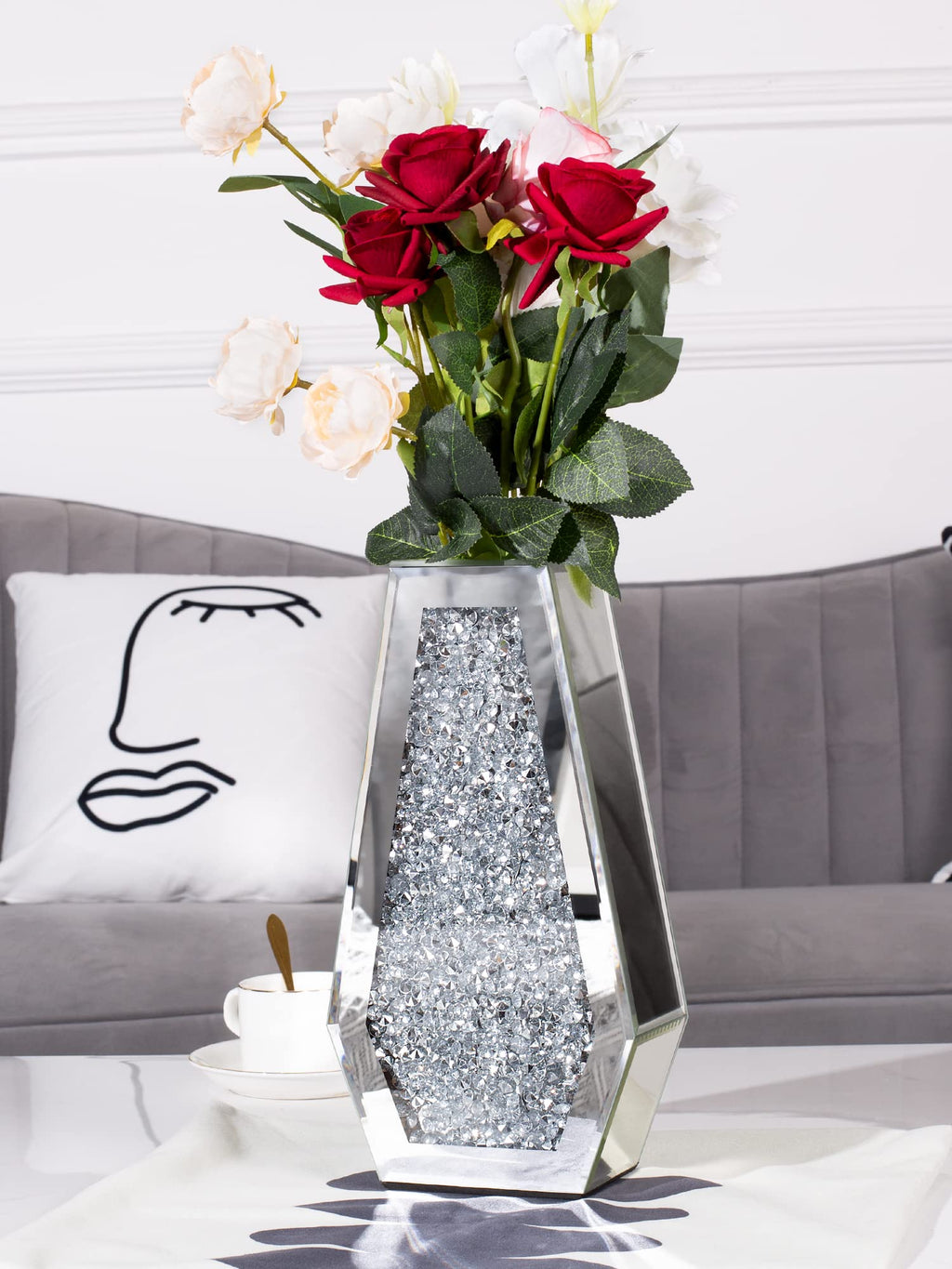 SHYFOY Crushed Diamond Flower Vases Decorative Large Clear Glass Mirrored Vase Black Crystal Vase for Home Decor Can Not Hold Water,36.5H cm