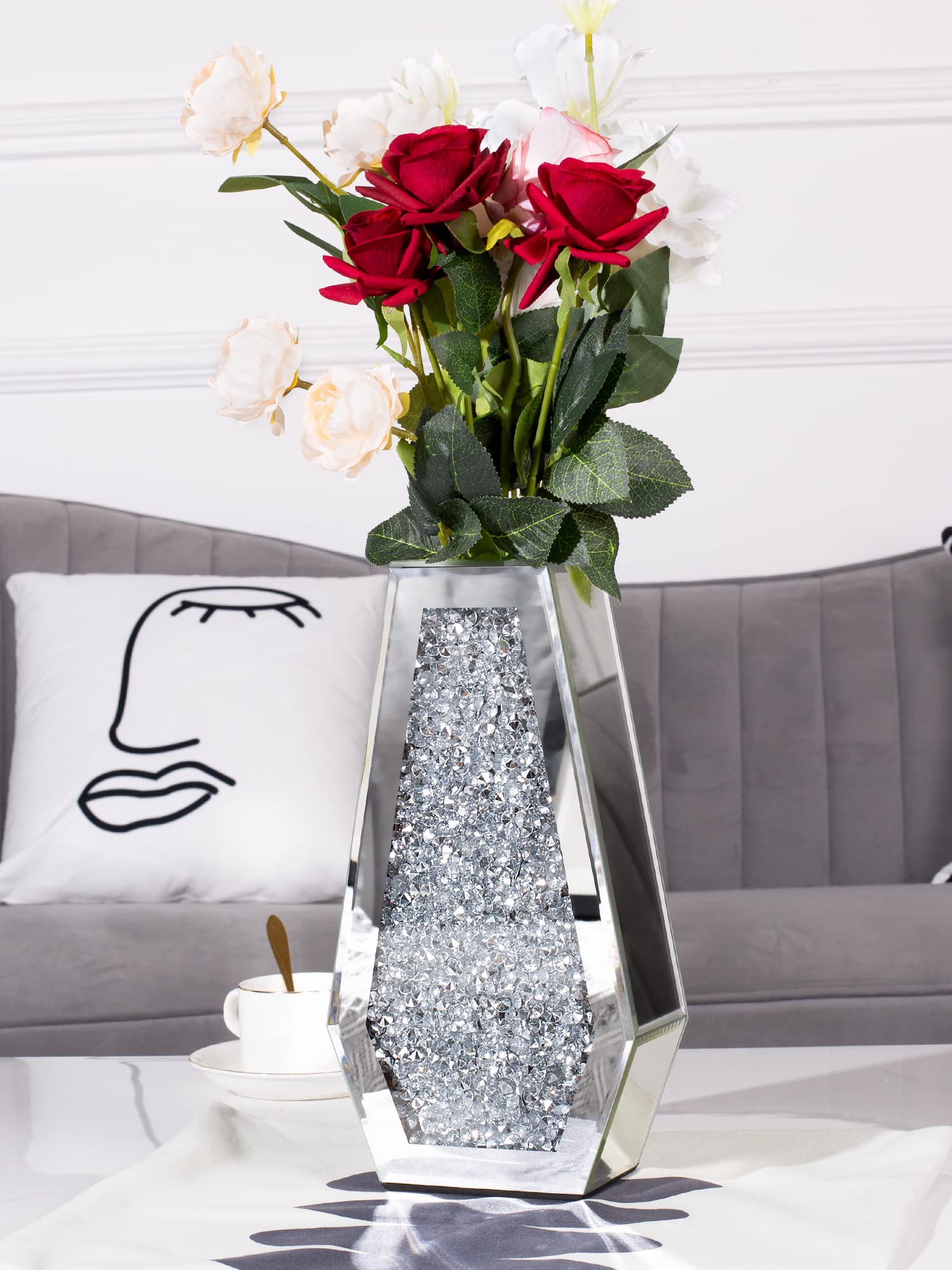 SHYFOY Crushed Diamond Flower Vases Decorative Large Clear Glass Mirrored Vase Black Crystal Vase for Home Decor Can Not Hold Water,36.5H cm