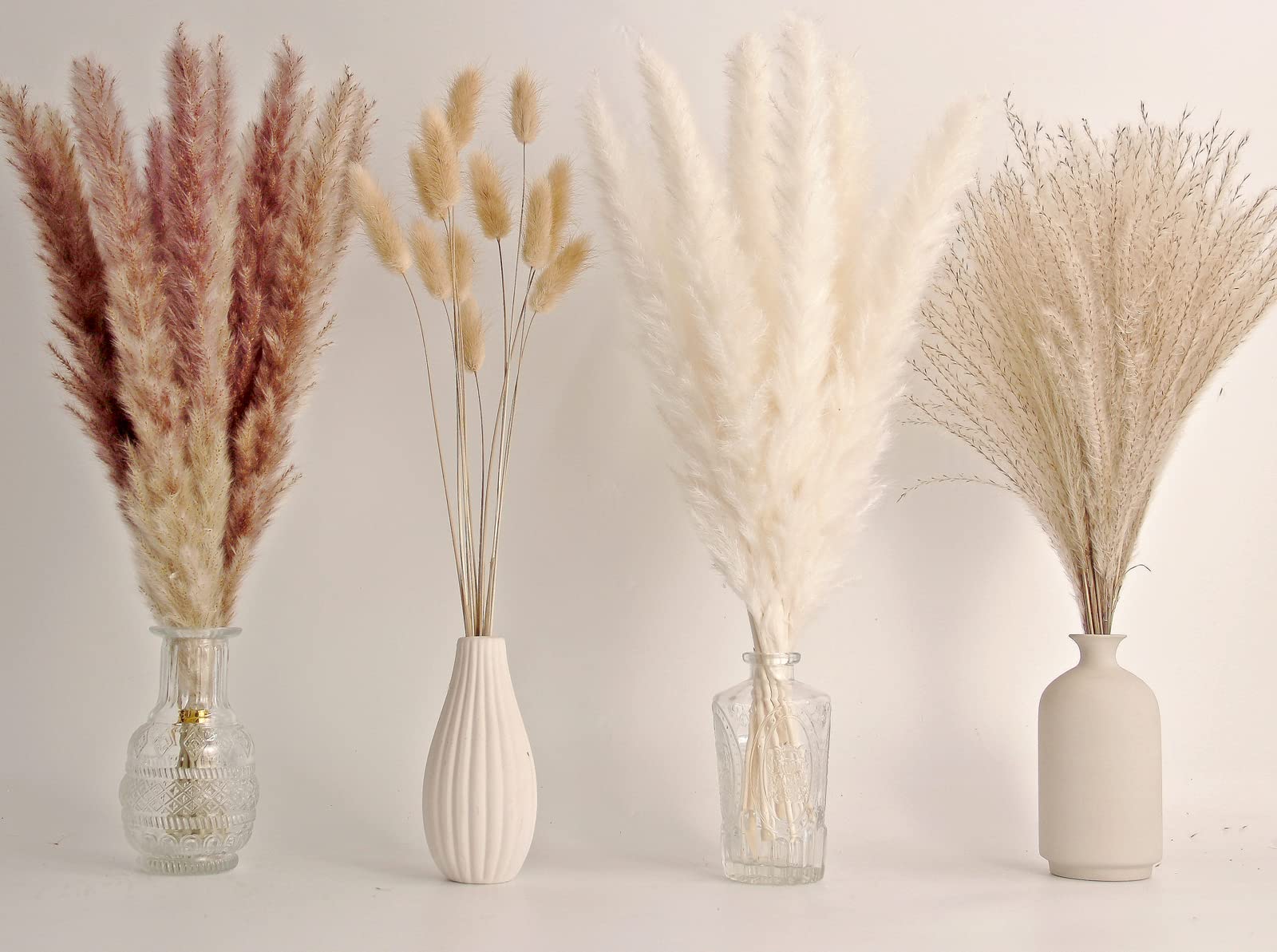 Artificial Pampas Grass Decor, 100 PCS Pampas Grass Contains Bunny Tails Dried Flowers, Reed Grass Bouquet for Wedding Boho Flowers Home Table Decor, Rustic Farmhouse Party (White and Brown)