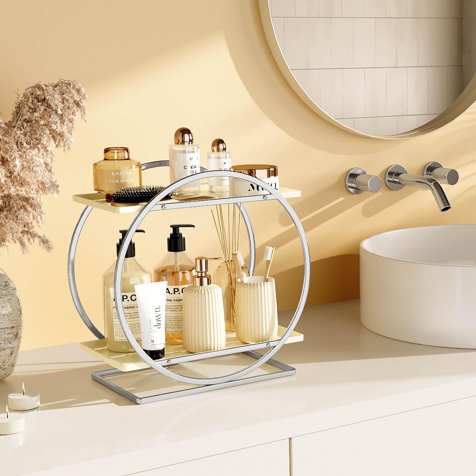 2-Tier Makeup Organizer - Modern Elegant Black & Gold Countertop Perfume & Cosmetics Display Shelf