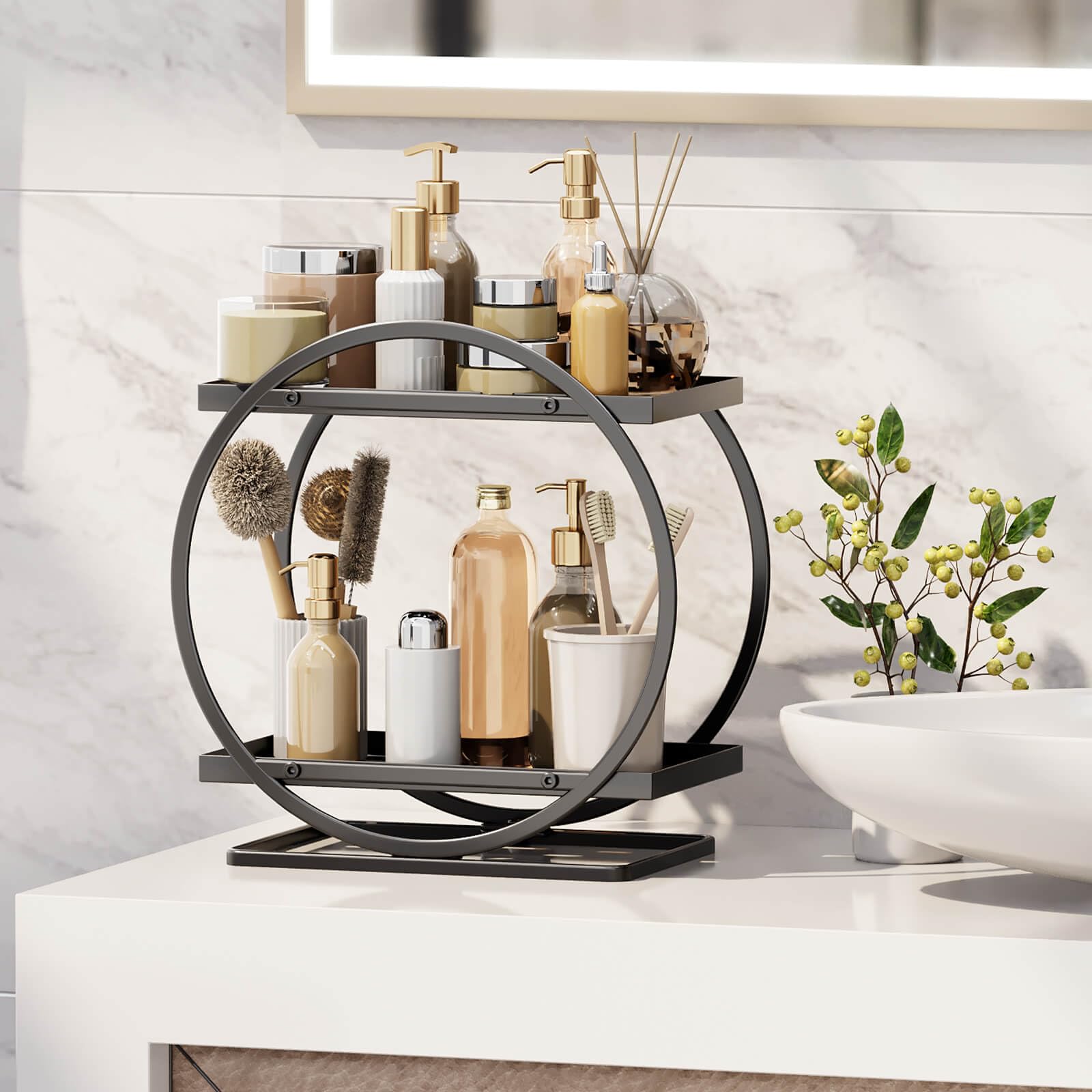 2-Tier Makeup Organizer - Modern Elegant Black & Gold Countertop Perfume & Cosmetics Display Shelf