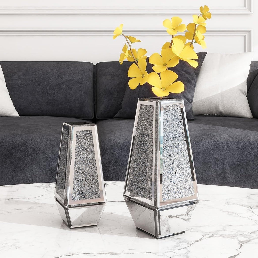 SHYFOY Crushed Diamond Flower Vases Decorative Large Clear Glass Mirrored Vase Black Crystal Vase for Home Decor Can Not Hold Water,36.5H cm