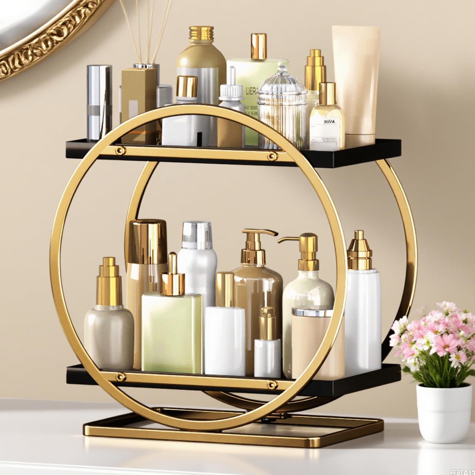 2-Tier Makeup Organizer - Modern Elegant Black & Gold Countertop Perfume & Cosmetics Display Shelf