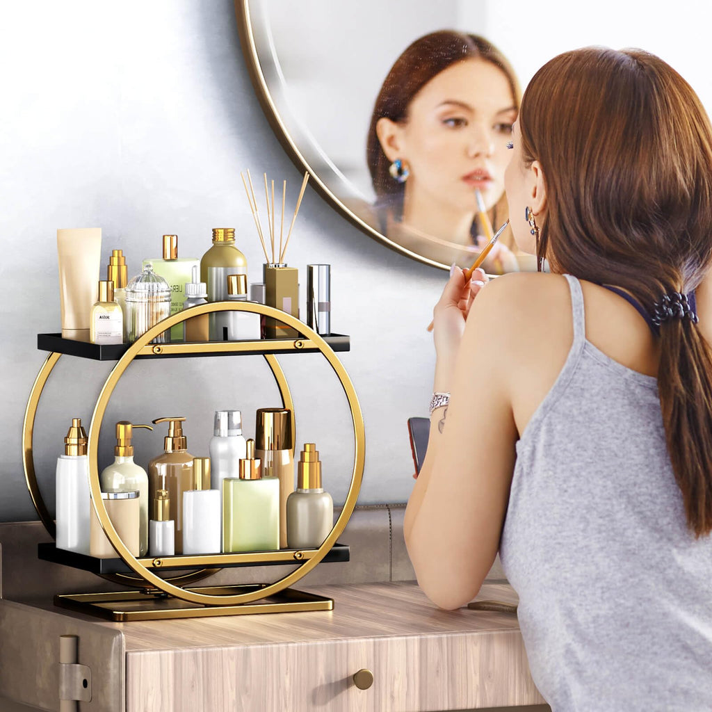 2-Tier Makeup Organizer - Modern Elegant Black & Gold Countertop Perfume & Cosmetics Display Shelf