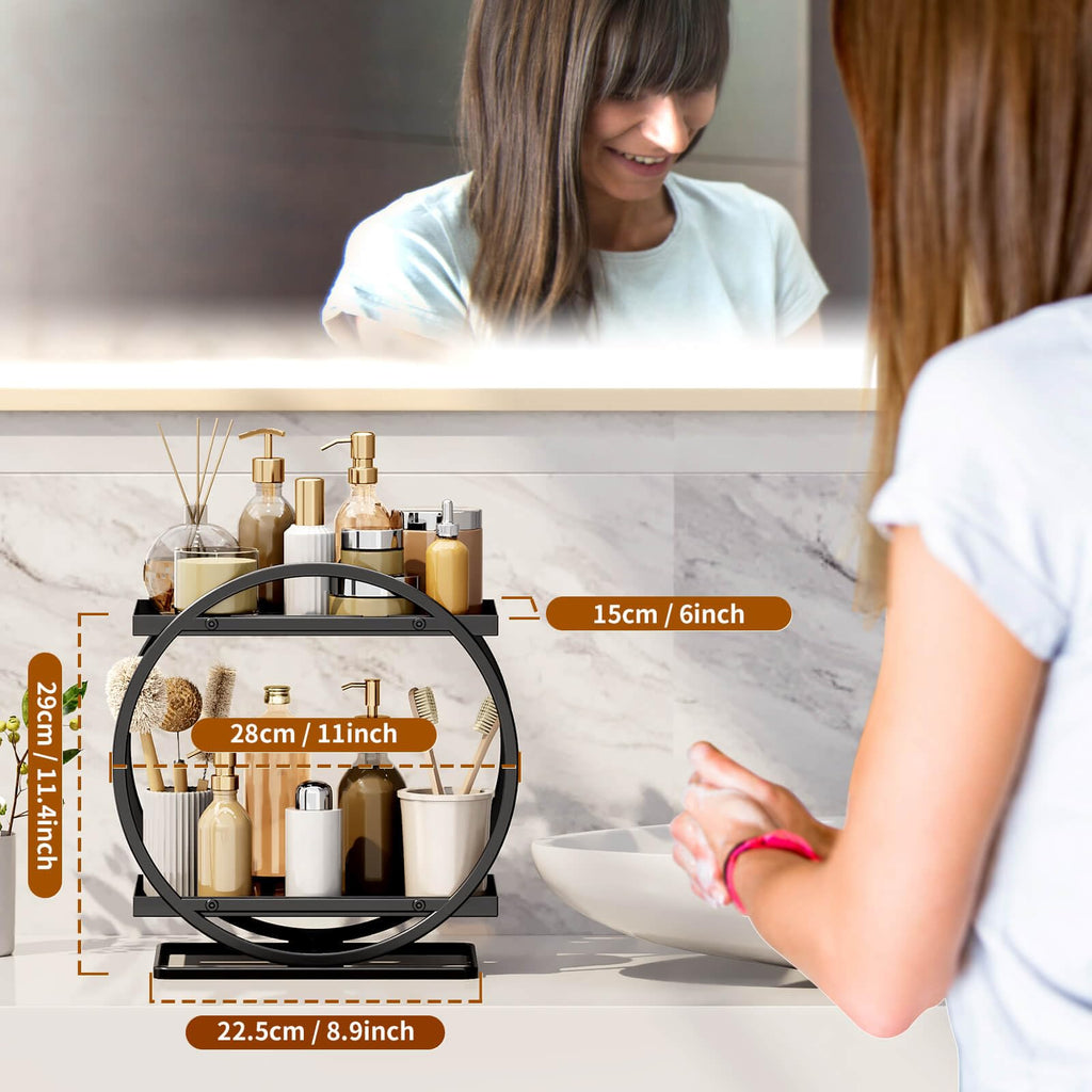 2-Tier Makeup Organizer - Modern Elegant Black & Gold Countertop Perfume & Cosmetics Display Shelf