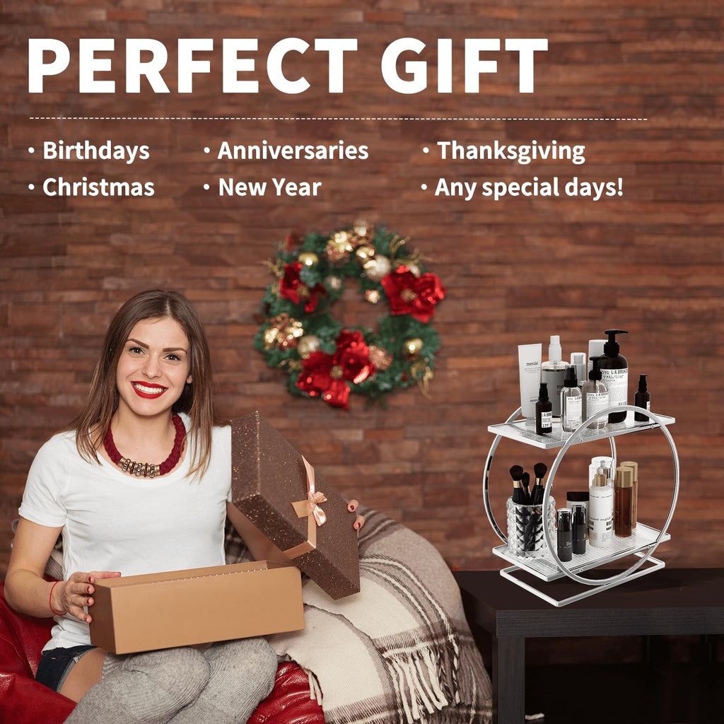 2-Tier Makeup Organizer - Modern Elegant Black & Gold Countertop Perfume & Cosmetics Display Shelf