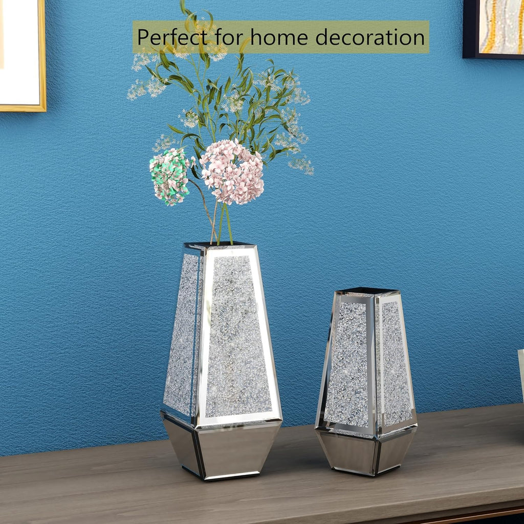 SHYFOY Crushed Diamond Flower Vases Decorative Large Clear Glass Mirrored Vase Black Crystal Vase for Home Decor Can Not Hold Water,36.5H cm