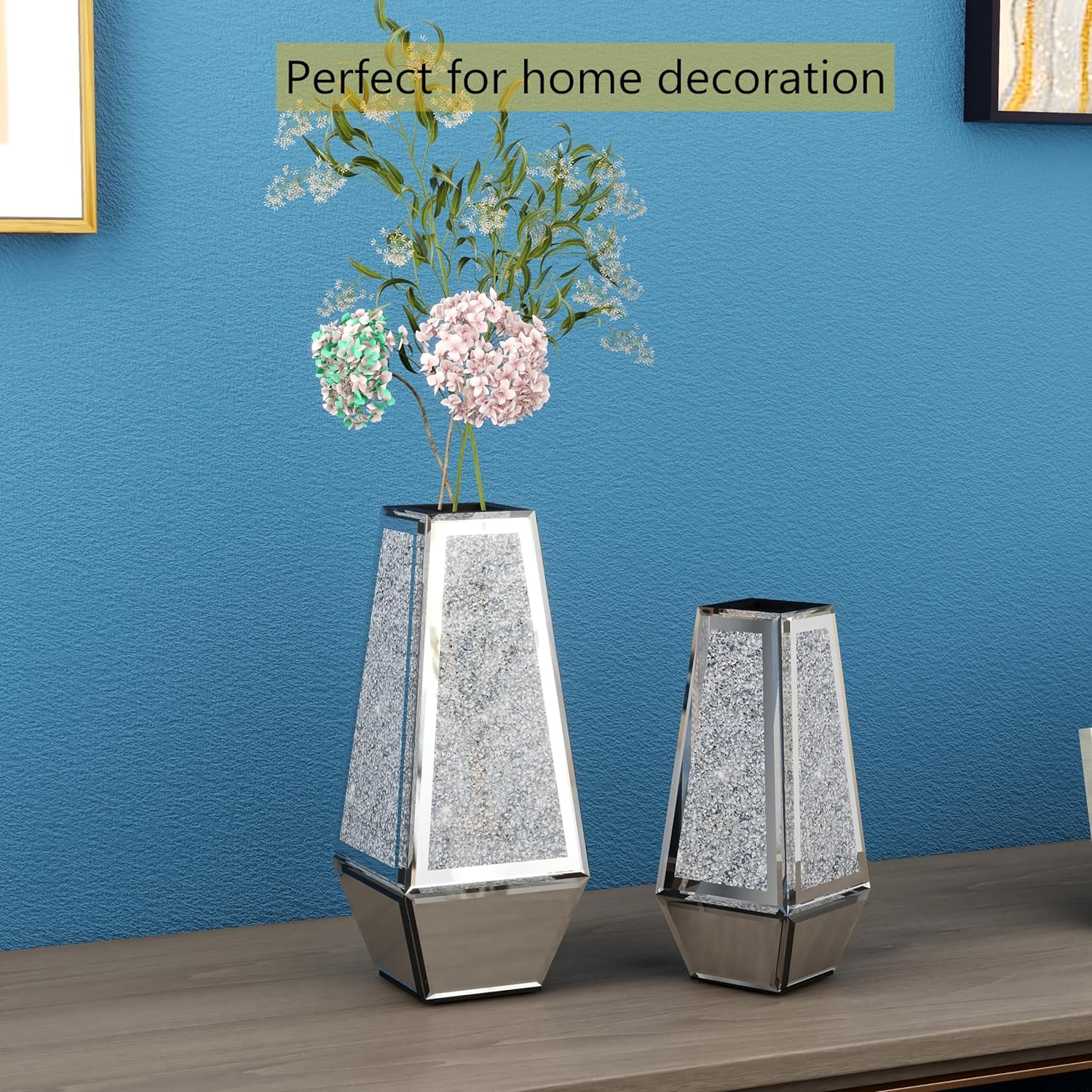 SHYFOY Crushed Diamond Flower Vases Decorative Large Clear Glass Mirrored Vase Black Crystal Vase for Home Decor Can Not Hold Water,36.5H cm