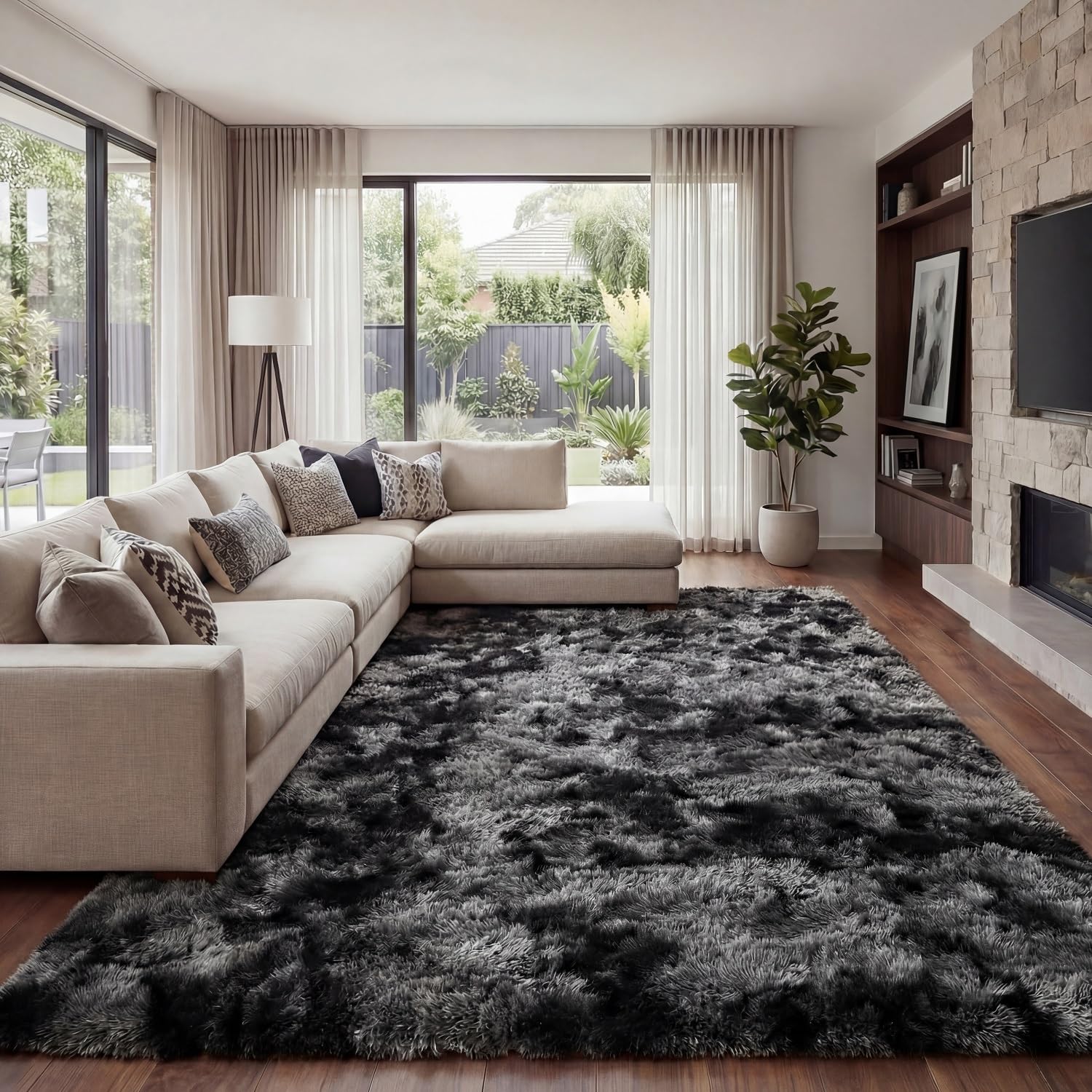 Area Rug Super Soft Indoor Modern Shag Luffy Living Room Carpets for Children Bedroom Living Room Home Decor Nursery Rug (2X3 Feet, Tie-Dye Dark Grey)