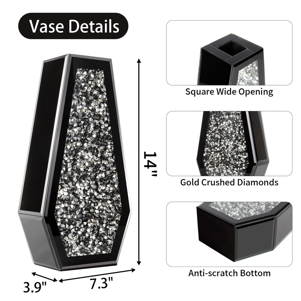 SHYFOY Crushed Diamond Flower Vases Decorative Large Clear Glass Mirrored Vase Black Crystal Vase for Home Decor Can Not Hold Water,36.5H cm