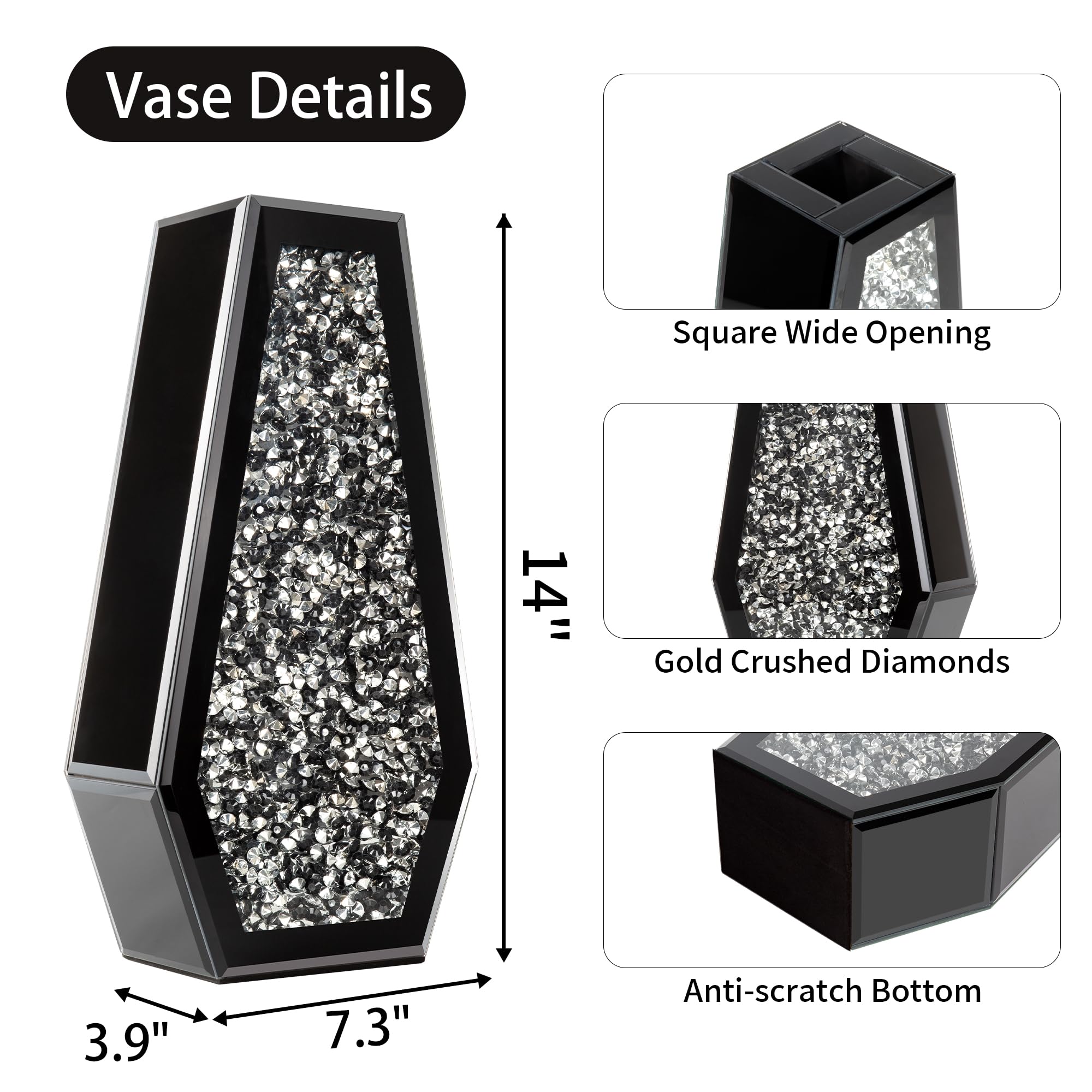 SHYFOY Crushed Diamond Flower Vases Decorative Large Clear Glass Mirrored Vase Black Crystal Vase for Home Decor Can Not Hold Water,36.5H cm
