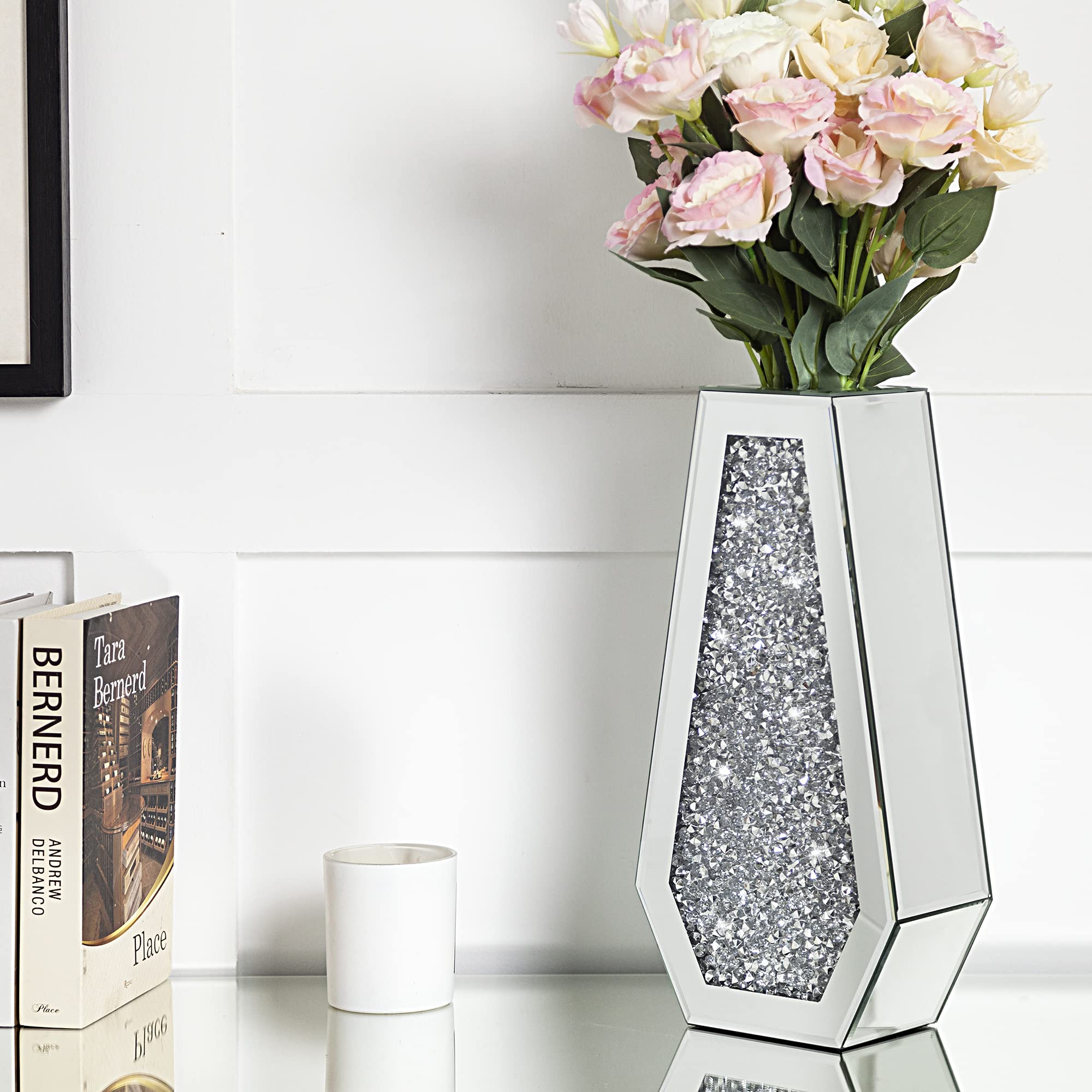 SHYFOY Crushed Diamond Flower Vases Decorative Large Clear Glass Mirrored Vase Black Crystal Vase for Home Decor Can Not Hold Water,36.5H cm