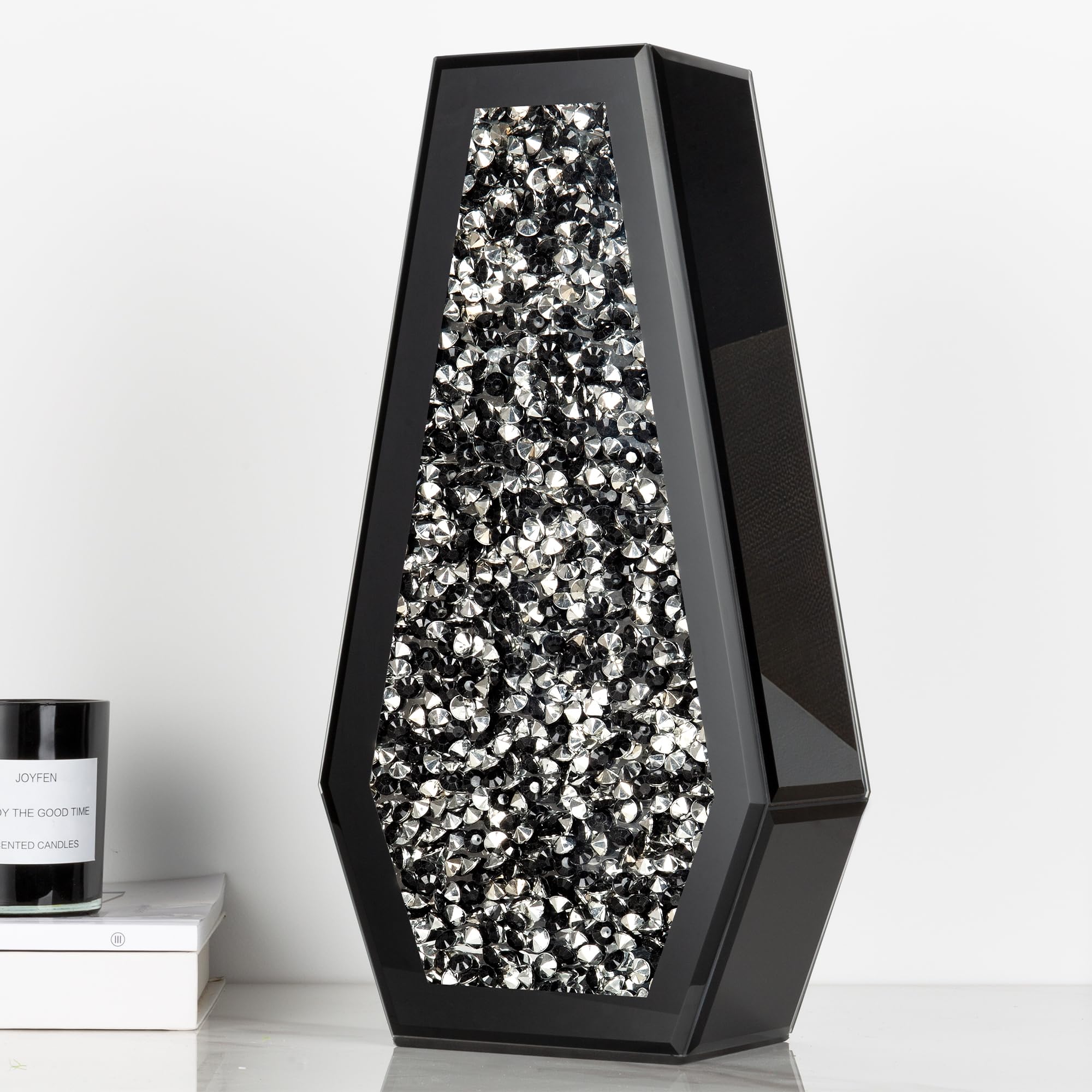SHYFOY Crushed Diamond Flower Vases Decorative Large Clear Glass Mirrored Vase Black Crystal Vase for Home Decor Can Not Hold Water,36.5H cm
