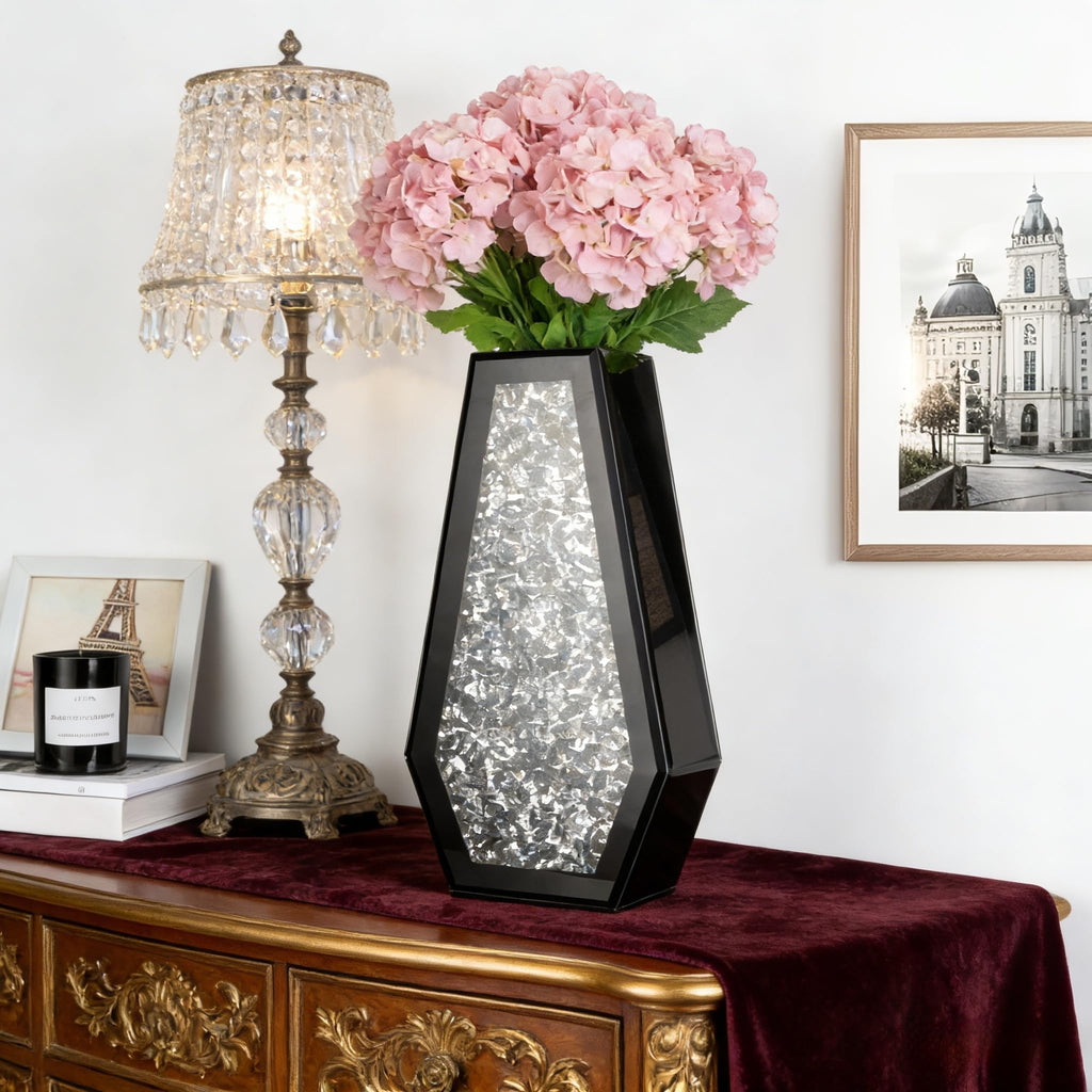 SHYFOY Crushed Diamond Flower Vases Decorative Large Clear Glass Mirrored Vase Black Crystal Vase for Home Decor Can Not Hold Water,36.5H cm