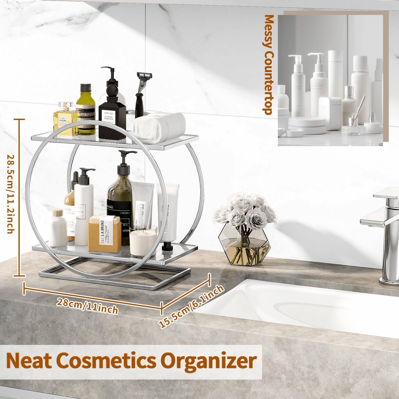 2-Tier Makeup Organizer - Modern Elegant Black & Gold Countertop Perfume & Cosmetics Display Shelf