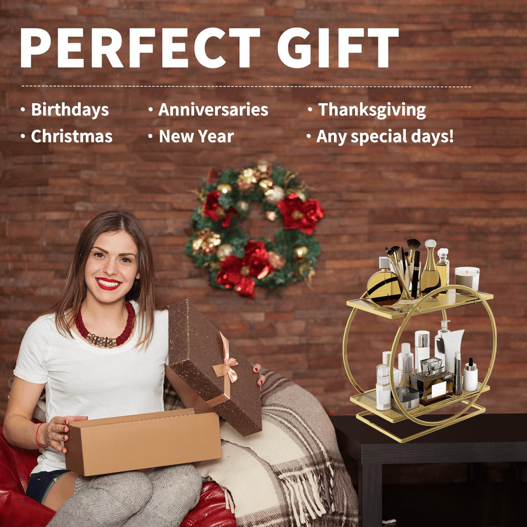 2-Tier Makeup Organizer - Modern Elegant Black & Gold Countertop Perfume & Cosmetics Display Shelf