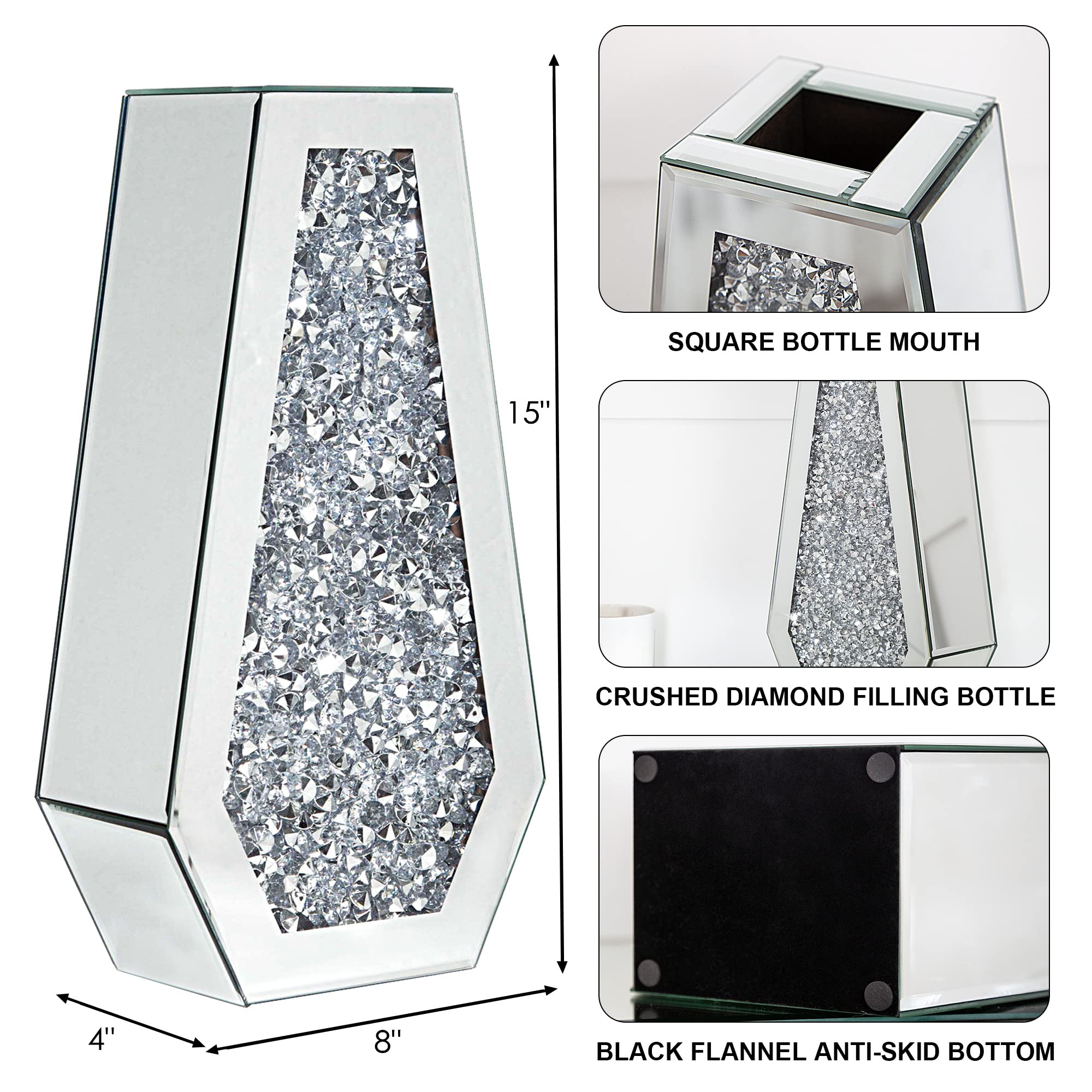 SHYFOY Crushed Diamond Flower Vases Decorative Large Clear Glass Mirrored Vase Black Crystal Vase for Home Decor Can Not Hold Water,36.5H cm