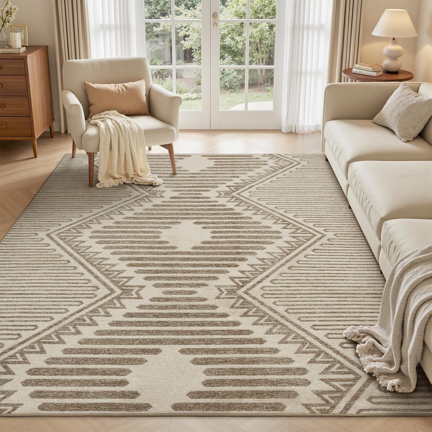 Area Rug for Living Room Rug 5x7 High Low Textured Jacquard Tufted Boho Geometric Washable Bedroom Rug Carpet for Dining Room Nursery Non Slip Beige