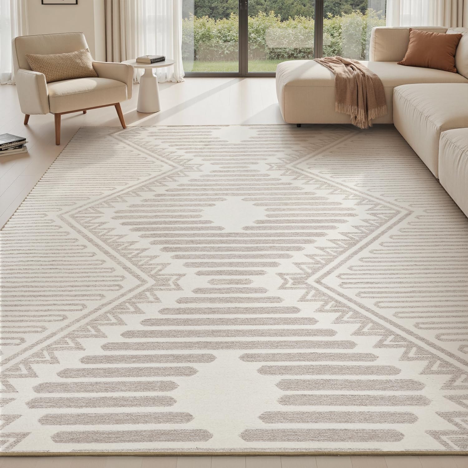 Area Rug for Living Room Rug 5x7 High Low Textured Jacquard Tufted Boho Geometric Washable Bedroom Rug Carpet for Dining Room Nursery Non Slip Beige