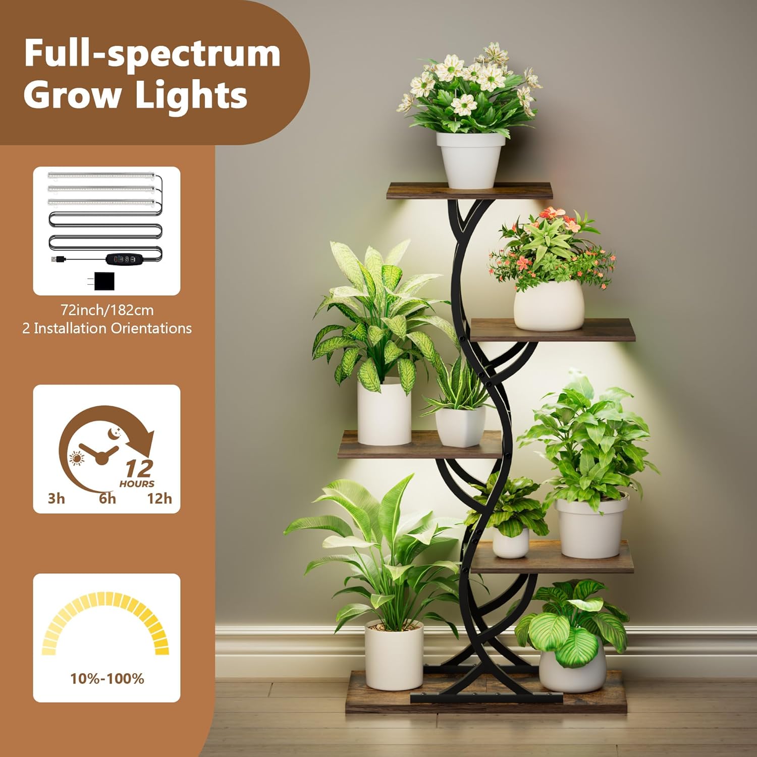 Plant Stand Indoor with Grow Lights - 44" Tall Corner Plant Stands for Indoor Plants, 5 Tiered Metal Plant Shelf, Curved Plant Flower Holder Dispaly Rack for Living Room, Home Patio Balcony (Black)