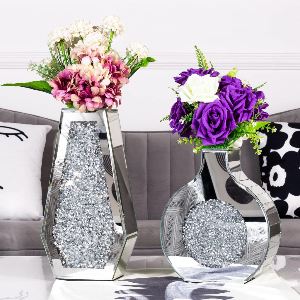 SHYFOY Crushed Diamond Flower Vases Decorative Large Clear Glass Mirrored Vase Black Crystal Vase for Home Decor Can Not Hold Water,36.5H cm