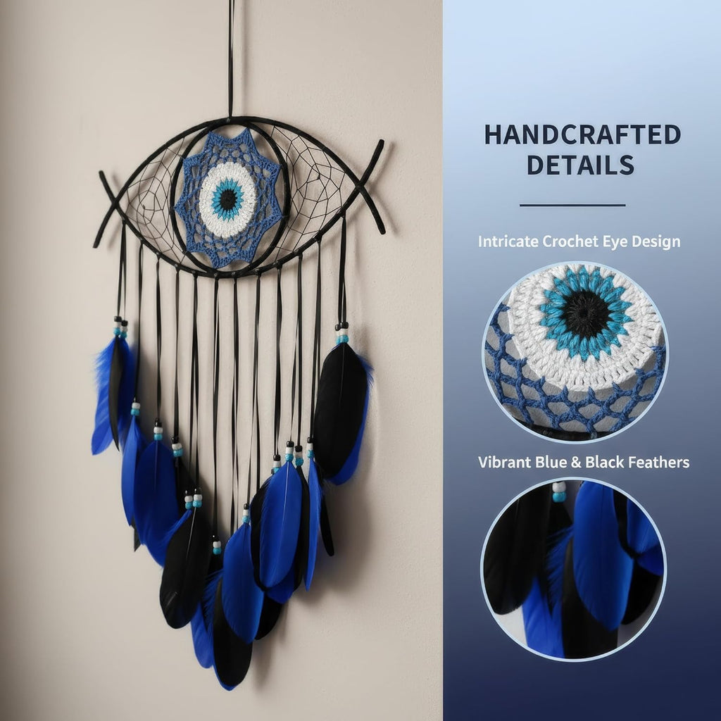 Evil Eye Dream Catcher - Handmade Feather Wall Hanging Decor for Protection, Good Luck & Home Blessing