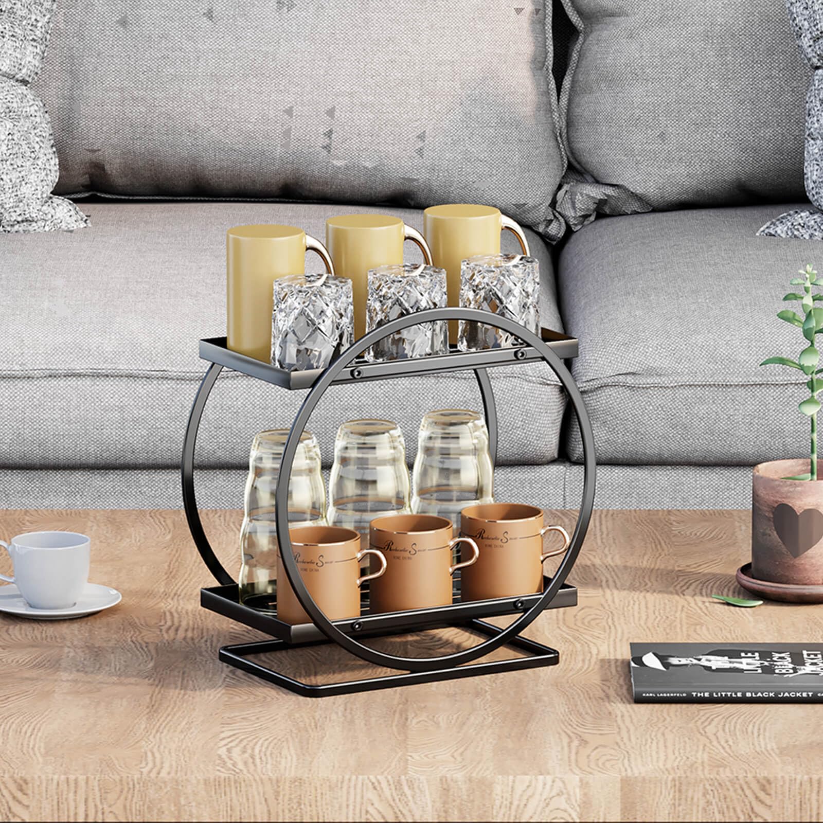 2-Tier Makeup Organizer - Modern Elegant Black & Gold Countertop Perfume & Cosmetics Display Shelf