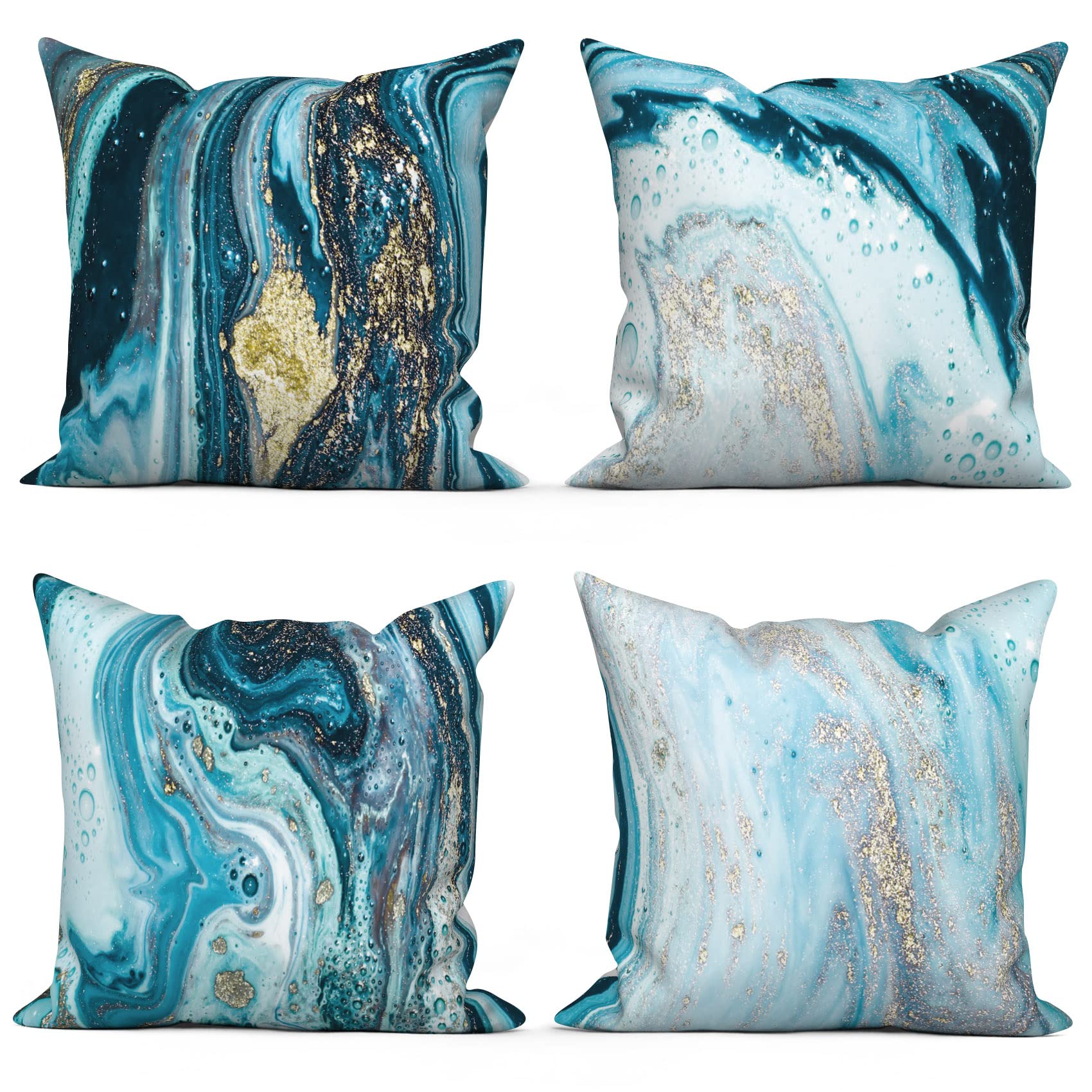 ChloropLastid Blue Gold Marble Throw Pillow Covers 18x18 inch Abstract Marble Texture Luxury Decorative Pillowcase Modern Velvet Square Cushion Cover for Home Sofa Decor Set of 4