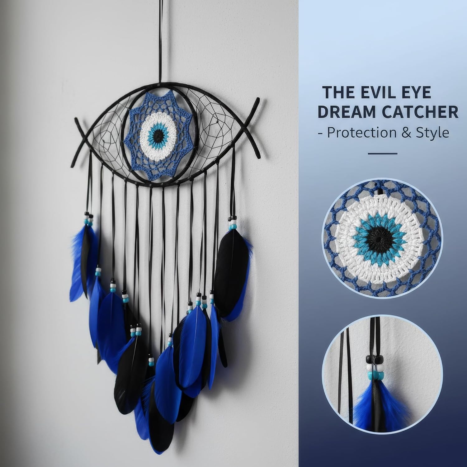 Evil Eye Dream Catcher - Handmade Feather Wall Hanging Decor for Protection, Good Luck & Home Blessing