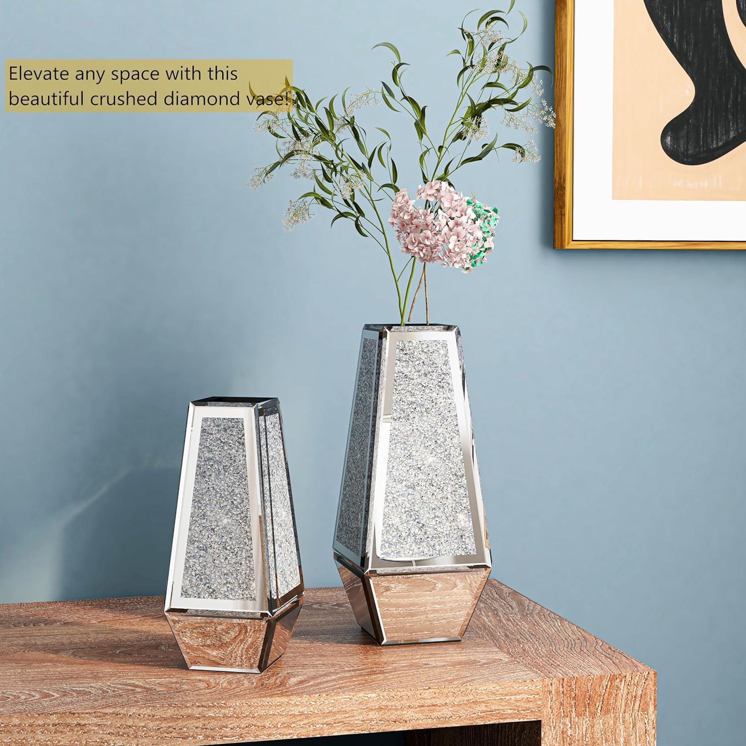 SHYFOY Crushed Diamond Flower Vases Decorative Large Clear Glass Mirrored Vase Black Crystal Vase for Home Decor Can Not Hold Water,36.5H cm