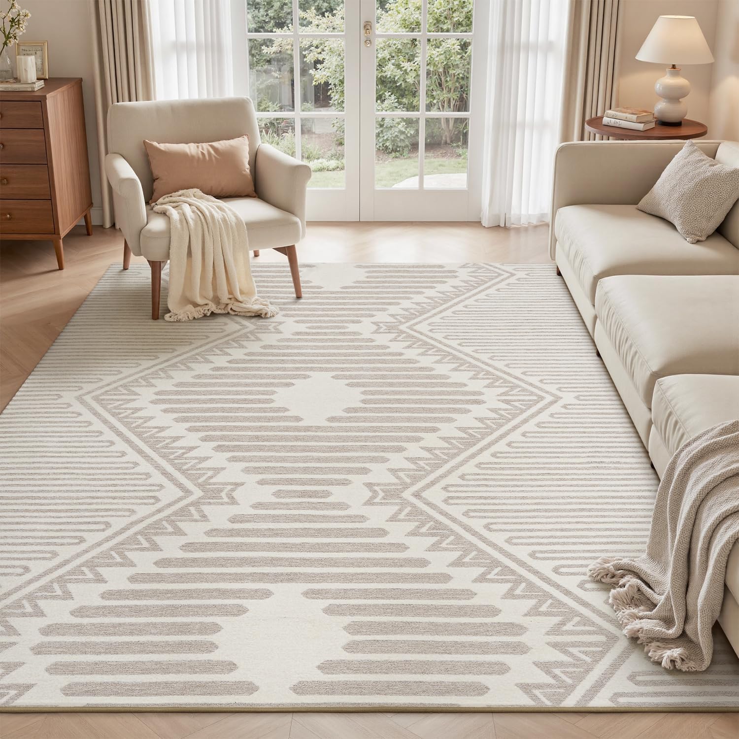 Area Rug for Living Room Rug 5x7 High Low Textured Jacquard Tufted Boho Geometric Washable Bedroom Rug Carpet for Dining Room Nursery Non Slip Beige