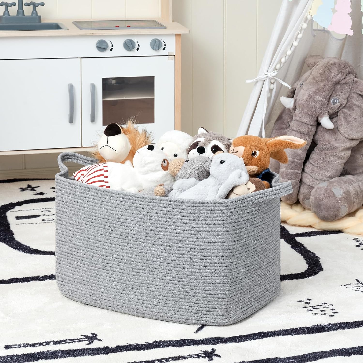 Goodpick Woven Basket for Storage 65L, Blanket Basket for Living Room Home Décor,Rectangle Rope Laundry Basket with Handles Large Toy Storage Basket for Baby, Kids, 21.6" x 14.9" x 11.8"