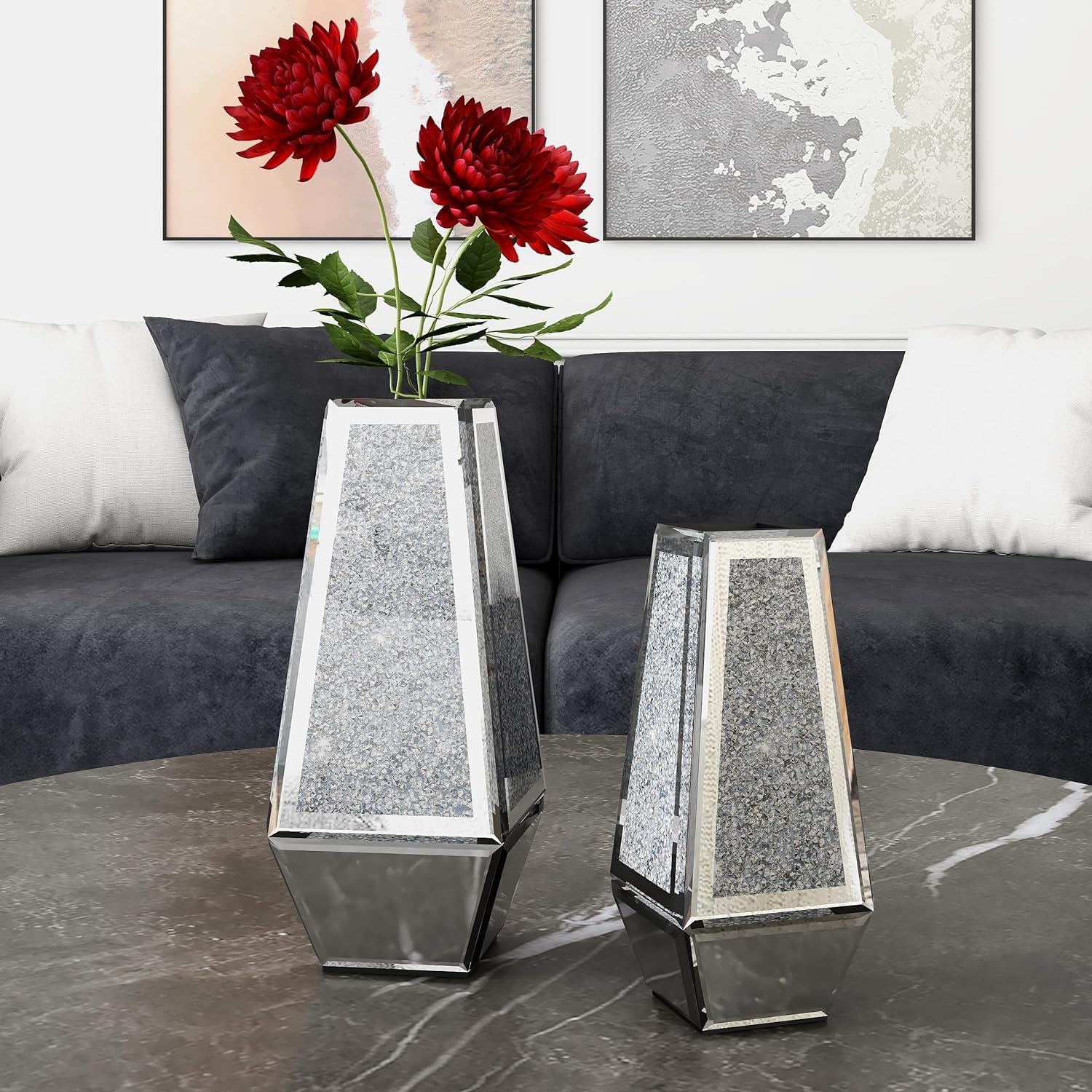 SHYFOY Crushed Diamond Flower Vases Decorative Large Clear Glass Mirrored Vase Black Crystal Vase for Home Decor Can Not Hold Water,36.5H cm