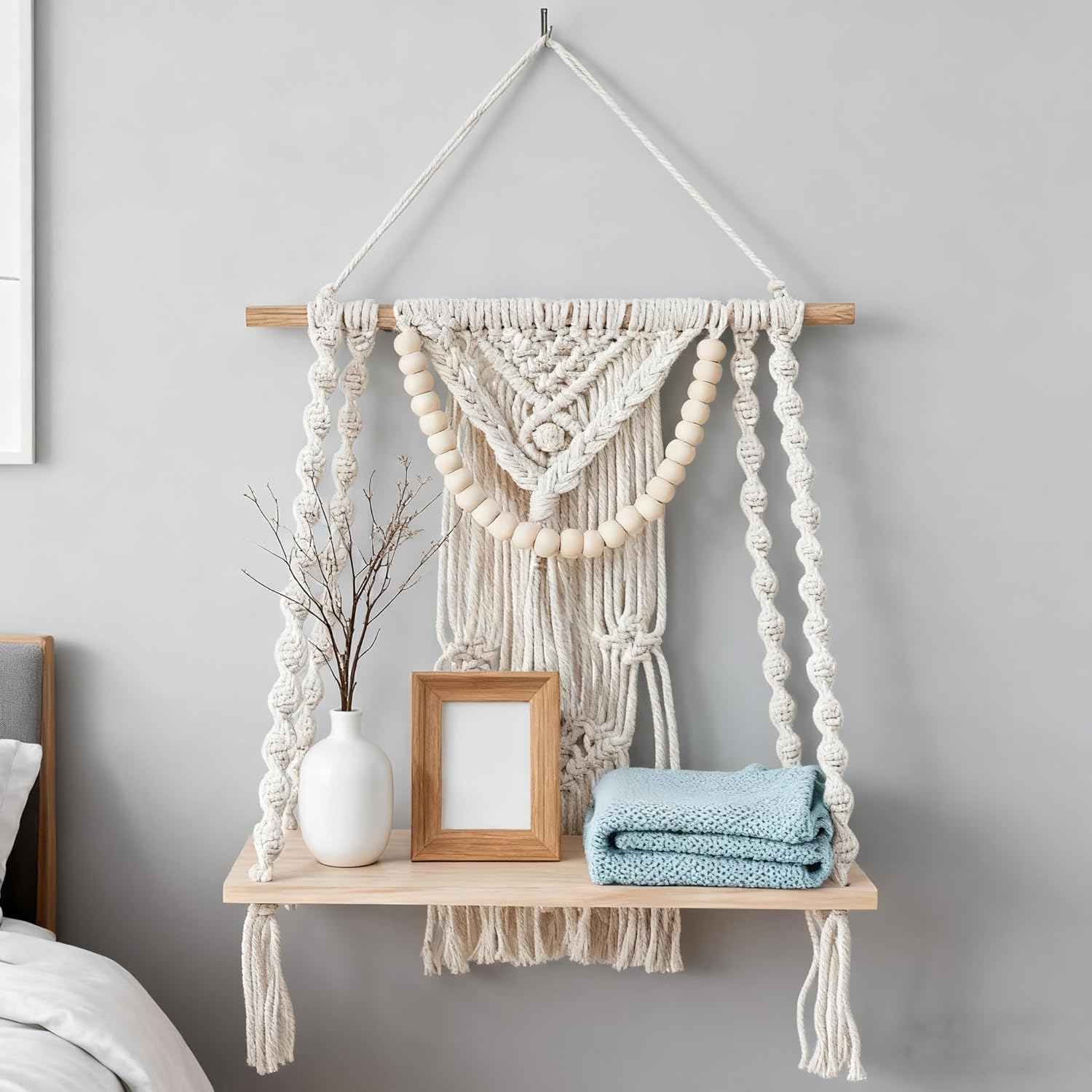 Macrame Wall Hanging Decor Shelf, Tassel Woven Macramé Self,Boho Wall Hanging Self for Small Plants Photo Frames,Handmade Woven Wooden Floating Shelf for Home Living Room Bedroom Balcony Decor