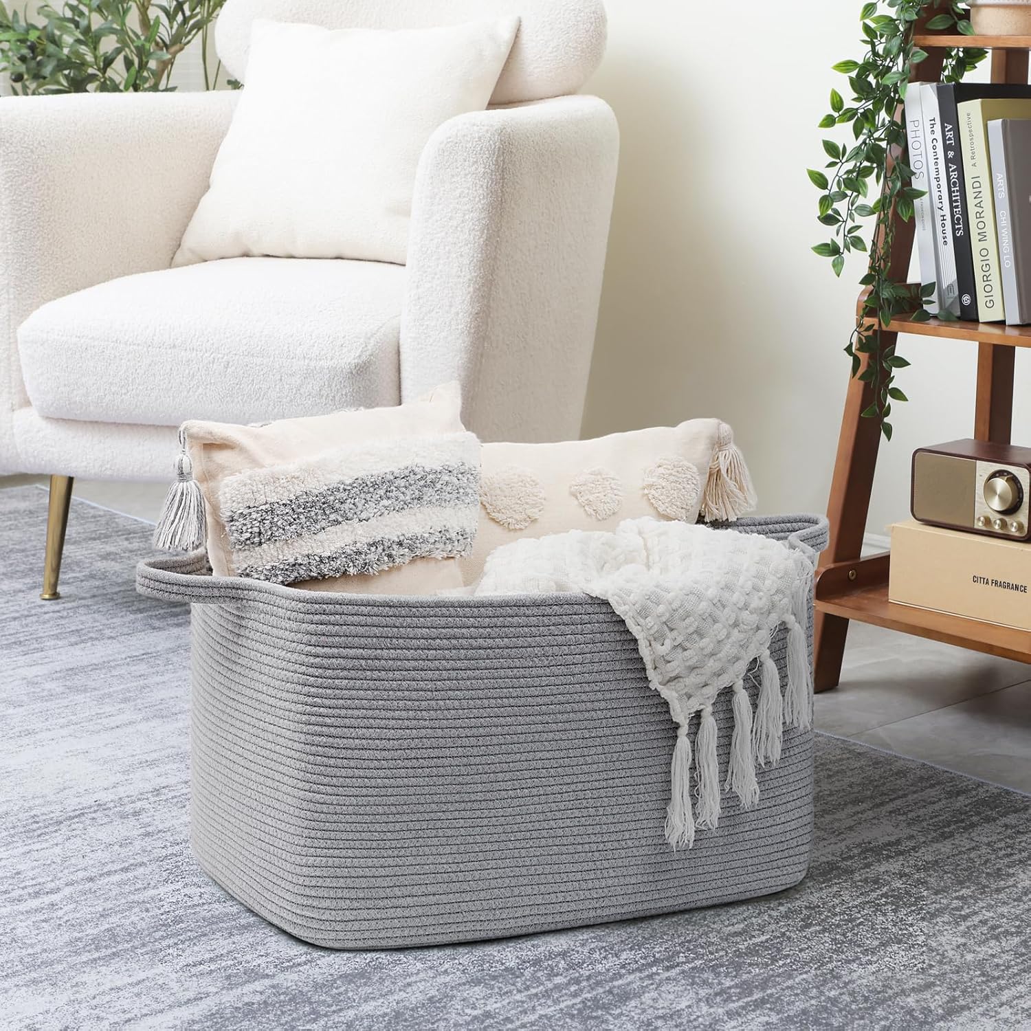 Goodpick Woven Basket for Storage 65L, Blanket Basket for Living Room Home Décor,Rectangle Rope Laundry Basket with Handles Large Toy Storage Basket for Baby, Kids, 21.6" x 14.9" x 11.8"