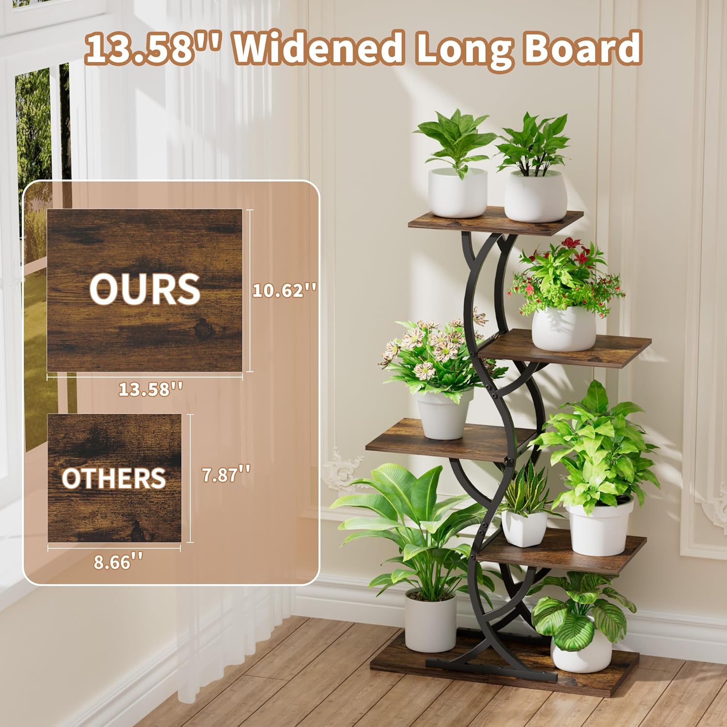 Plant Stand Indoor with Grow Lights - 44" Tall Corner Plant Stands for Indoor Plants, 5 Tiered Metal Plant Shelf, Curved Plant Flower Holder Dispaly Rack for Living Room, Home Patio Balcony (Black)